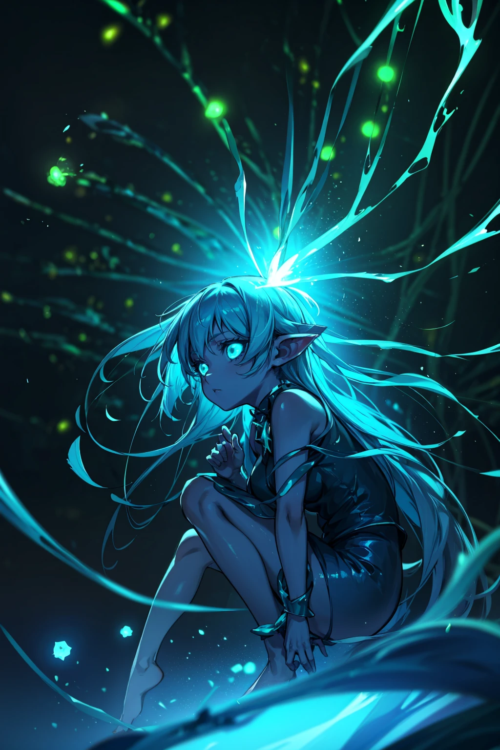 1girl, long hair, faerie, bioluminescent forest, glowing wings, (blurry background, blurry foreground, depth of field, ambient lighting:1.3), (bioluminescence:1.3), ethereal glow, night, starry sky, detailed face, lightning