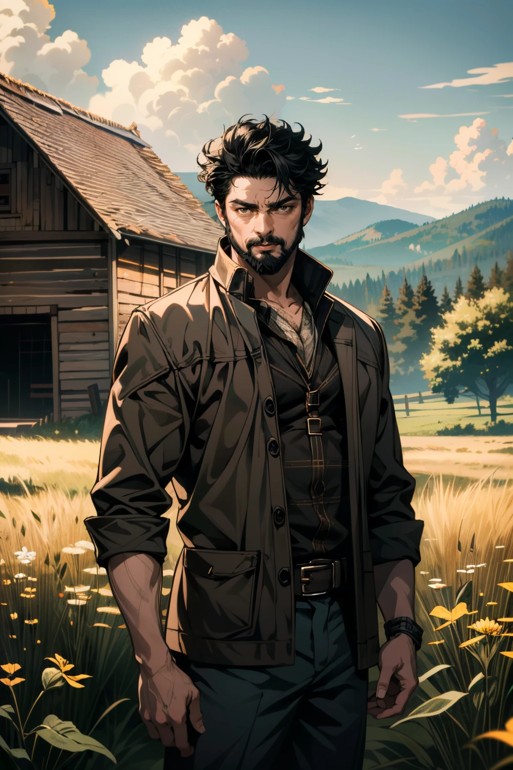 ((ultra detailed, masterpiece, absurdres))
<lora:TBBButcher:0.8>
TBBButcher, 1boy, short hair, black hair, brown eyes, beard, Rustic Barn in a Field