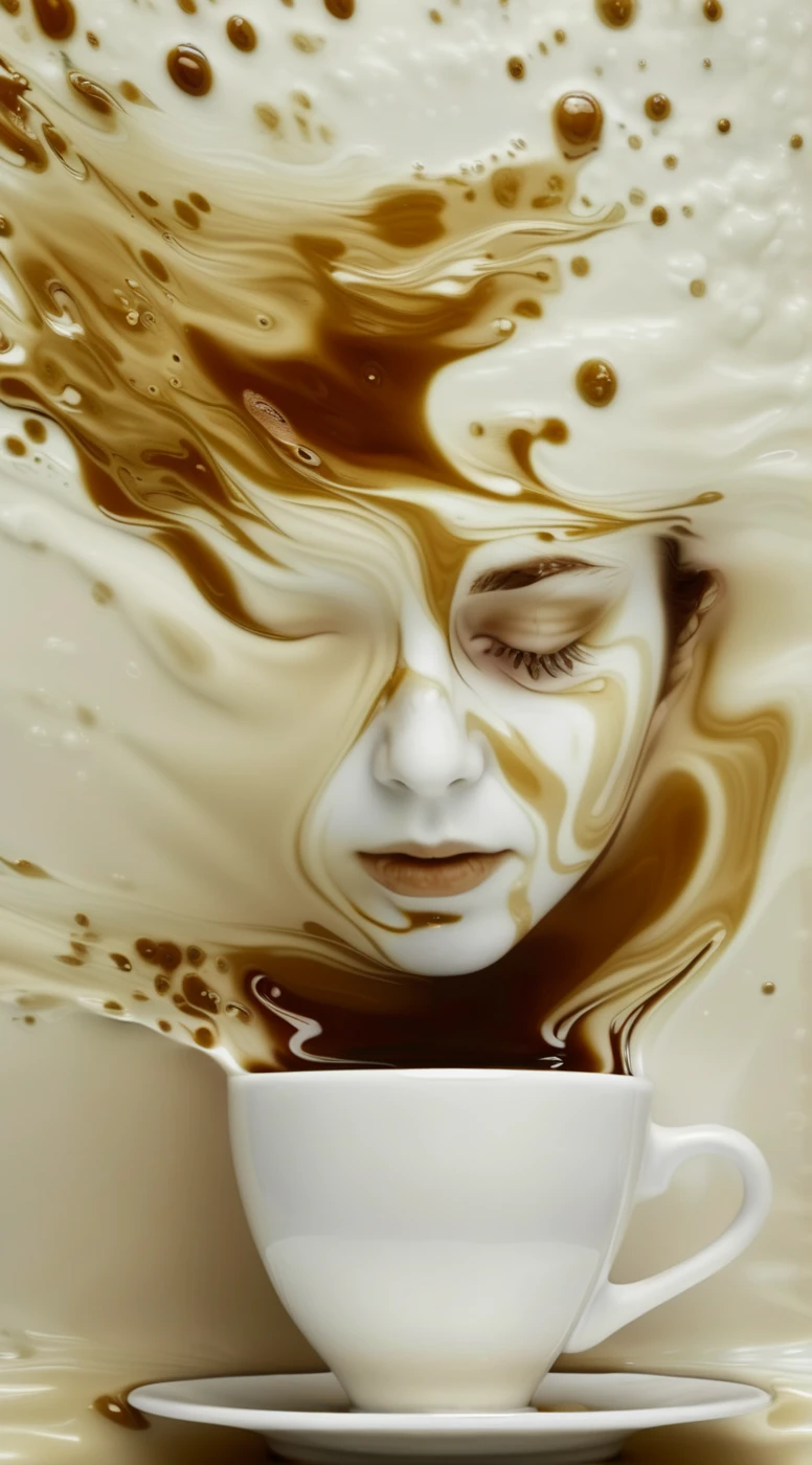 solvique close-up of a cup of coffee with a girl's head dissolving <lora:solvique:1>