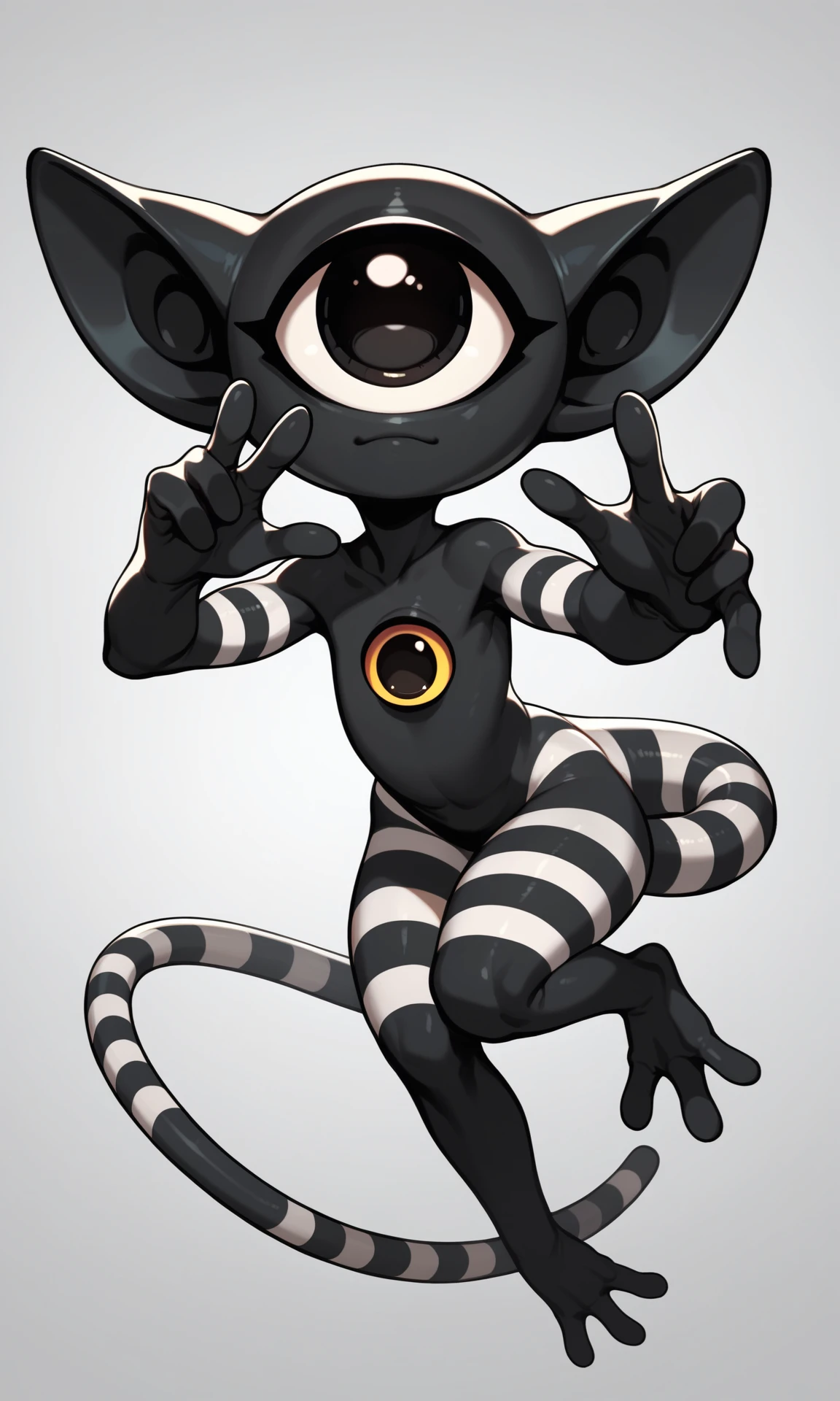 score_9, score_8_up, score_7_up, score_6_up, score_5_up, score_4_up, source_furry, rating_save, realistic, cute alien, extremely detailed, striped black and white fur, one eye, cyclope, four hands, tails