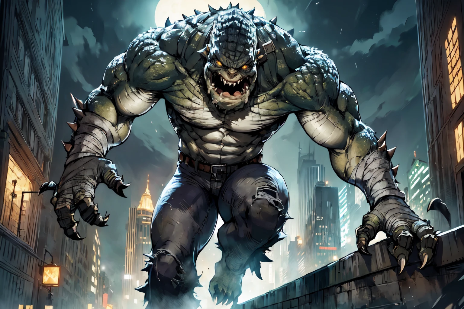 portrait,screaming:1.2, angry, open mouth, a man jumping from a building in a big city, floating the the air, at night, white clouds,beautiful eyes, high detail skin, high detail eyes, high detail hair, highres, ultra detailed, sharpen picture, Highly detailed, masterpiece, best quality, photorealistic,
<lora:Killer CrocLora:0.9> 1boy, scales, sharp teeth, muscular, claws, torn pants, bandages, belt, glowing eyes, collar, spikes
