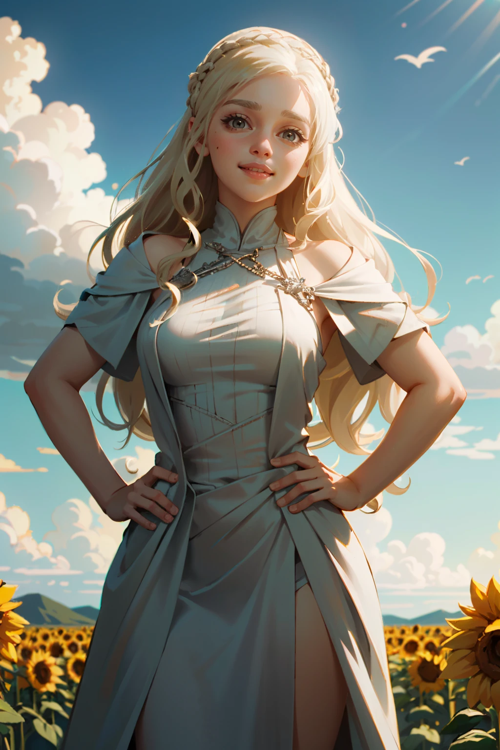 ((ultra detailed, masterpiece, absurdres))
GOTDaenerys, 1girl, blonde hair, long hair, surrounded by sunflowers in a bright field, smiling, with hands on hips by Greg Rutkowski and Raymond Swanland, Trending on Artstation, cloudy background, ultra realistic digital art
<lora:GOTDaenerys:0.8>