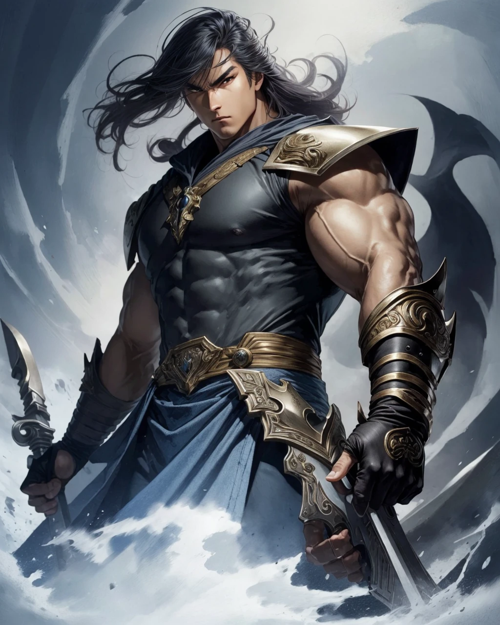 best quality,masterpiece,highly detailed,ultra-detailed, hkmanga, male focus, 1boy, solo, weapon, black hair, muscular, looking at viewer,fighting stance, cape, <lora:HKmanga:0.8>