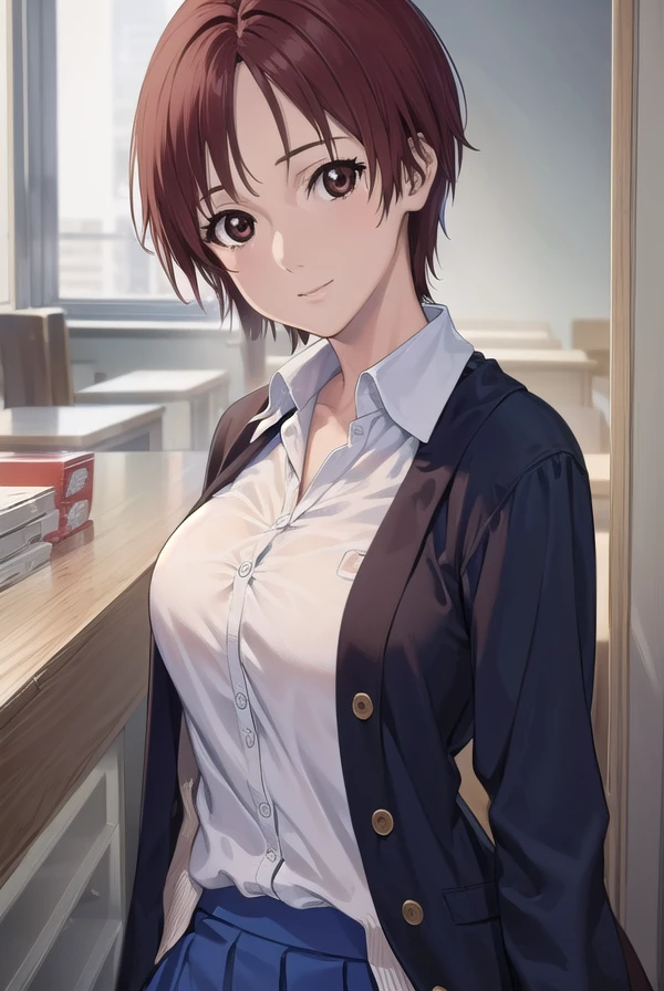 keikishimoto, <lora:kei kishimoto-lora-nochekaiser:1>,
kei kishimoto, short hair, (brown eyes:1.5), red hair, smile,
BREAK skirt, school uniform, cardigan, blue skirt, shirt, white shirt, collared shirt,
BREAK indoors, classroom,
BREAK looking at viewer, (cowboy shot:1.5),
BREAK <lyco:GoodHands-beta2:1>, (masterpiece:1.2), best quality, high resolution, unity 8k wallpaper, (illustration:0.8), (beautiful detailed eyes:1.6), extremely detailed face, perfect lighting, extremely detailed CG, (perfect hands, perfect anatomy),