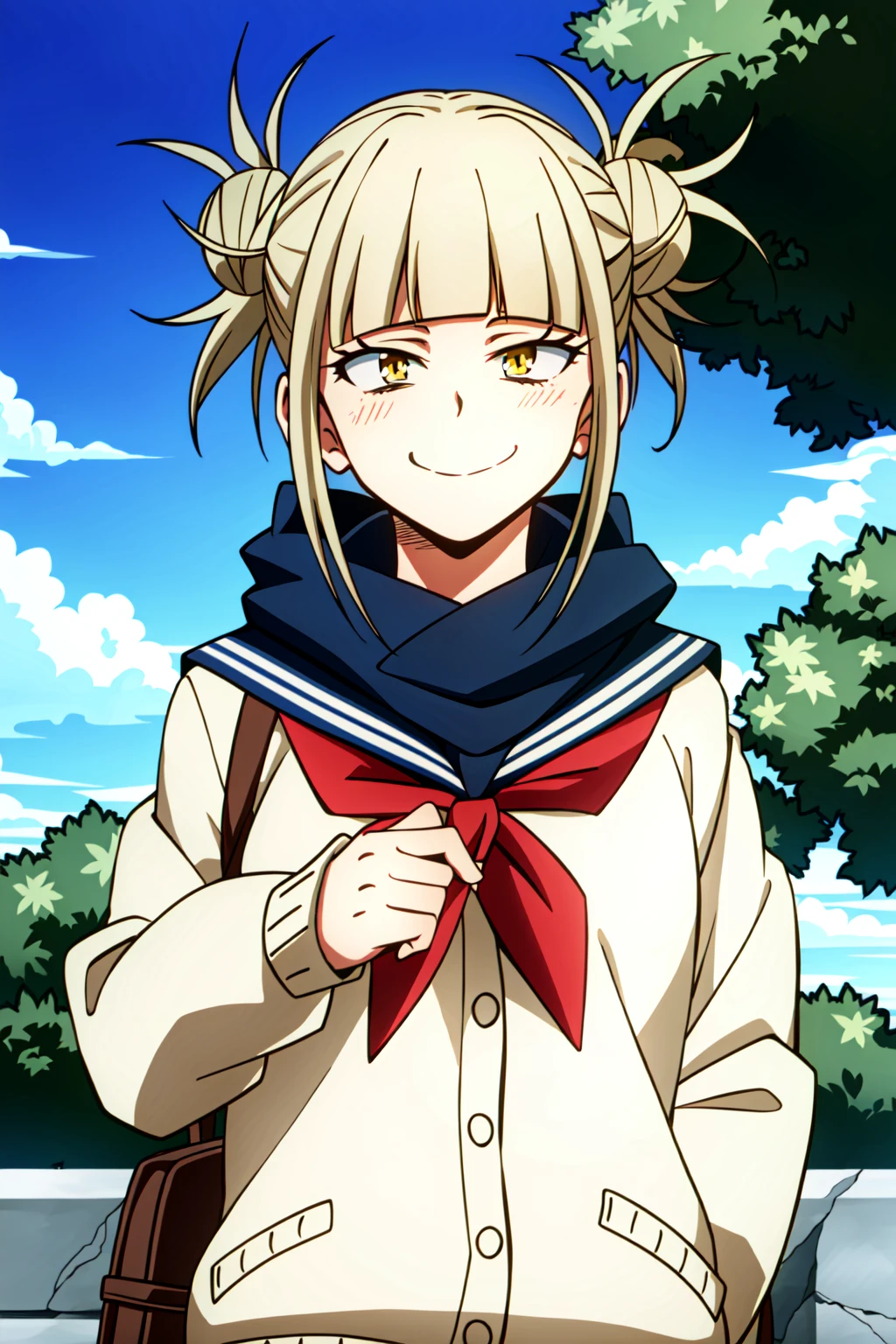 (extremely detailed CG unity 4k wallpaper),(masterpiece),(best quality),(ultra-detailed),(best illustration),(best shadow),(absurdres),(detailed background) <lora:OGT_Himiko_Toga-v1:1> Himiko Toga, 1girl, toga himiko, double bun, solo, hair bun, bangs, yellow eyes, sky, day, blonde hair, messy hair, looking at viewer, cloud, blush, blunt bangs, outdoors, blue sky, neckerchief, red neckerchief, school uniform, upper body, closed mouth, scarf, sidelocks, bags under eyes, sailor collar, teeth, serafuku, tree, short hair, cardigan, light smile