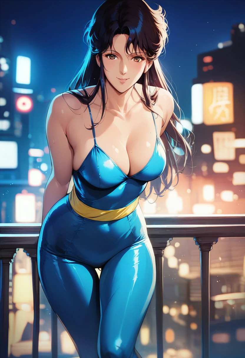 One person, fh1to, green_cat suit_yellow_belt,Leaning forward, Fascinating, Tied up with rope,Put your arms behind your back, gag,night, Cityscape, Blurred Background, Depth of written boundary, Backlight, BREAK score_9, score_8_superior, score_7_superior, score_6_superior, score_5_superior, score_4_superior, sauce_anime, (high quality, detailed, beautiful), Shiny, Extraordinary, Countershading
