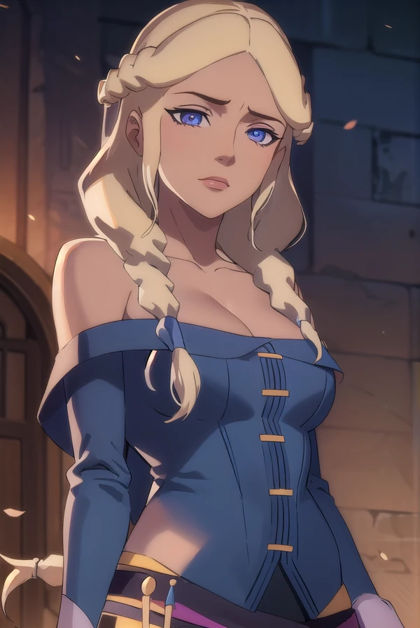 alluravysoren, <lora:allura vysoren-lora-nochekaiser:1>,
allura vysoren, long hair, blonde hair, braid, twin braids, (purple eyes:1.1),
BREAK dress, cleavage, bare shoulders, collarbone,
BREAK outdoors,
BREAK looking at viewer, (cowboy shot:1.5),
BREAK <lyco:GoodHands-beta2:1>, (masterpiece:1.2), best quality, high resolution, unity 8k wallpaper, (illustration:0.8), (beautiful detailed eyes:1.6), extremely detailed face, perfect lighting, extremely detailed CG, (perfect hands, perfect anatomy),