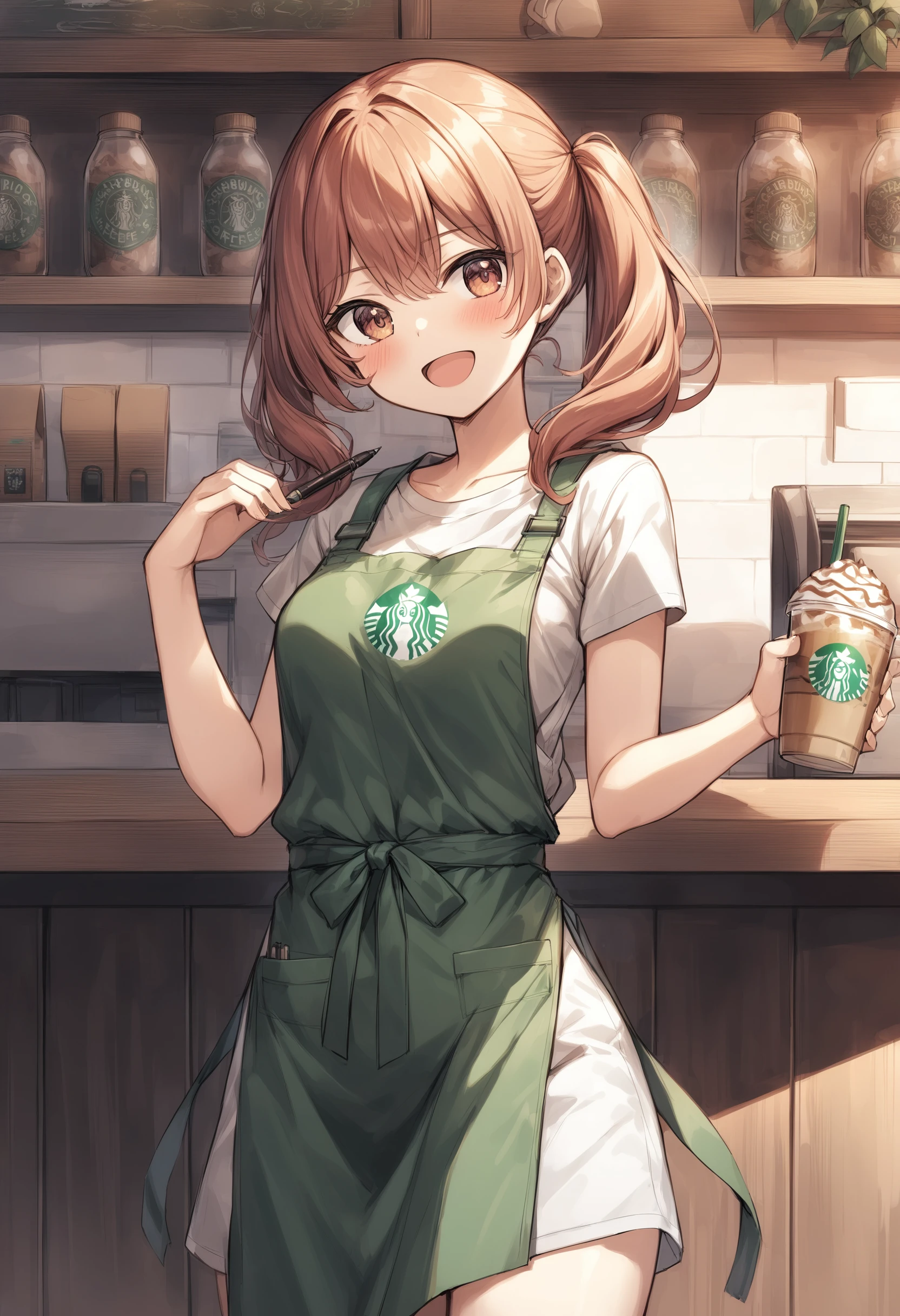1girl, <lora:sdxl2-flat2-512b:-1>,medium breasts,solo,
<lora:starbuniXLv1:0.6>,starbuni, emblem,green apron,starbucks, holding pen,
from behind, panorama shot, looking to the side, smile, open mouth,
best quality,medium quality,