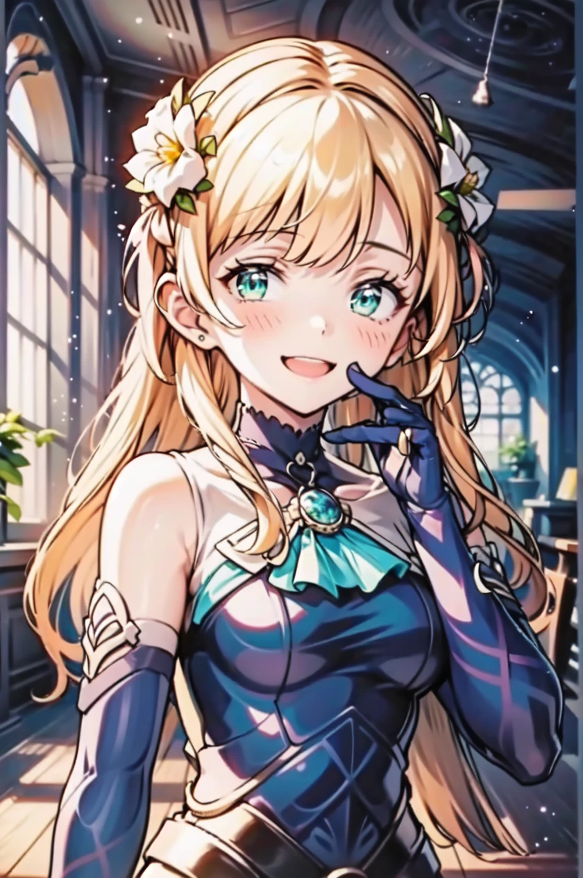 1girl, solo, smile, looking at viewer, open mouth, hand on own face, blush, eroica silvia, hair flower, armor, long hair, green eyes