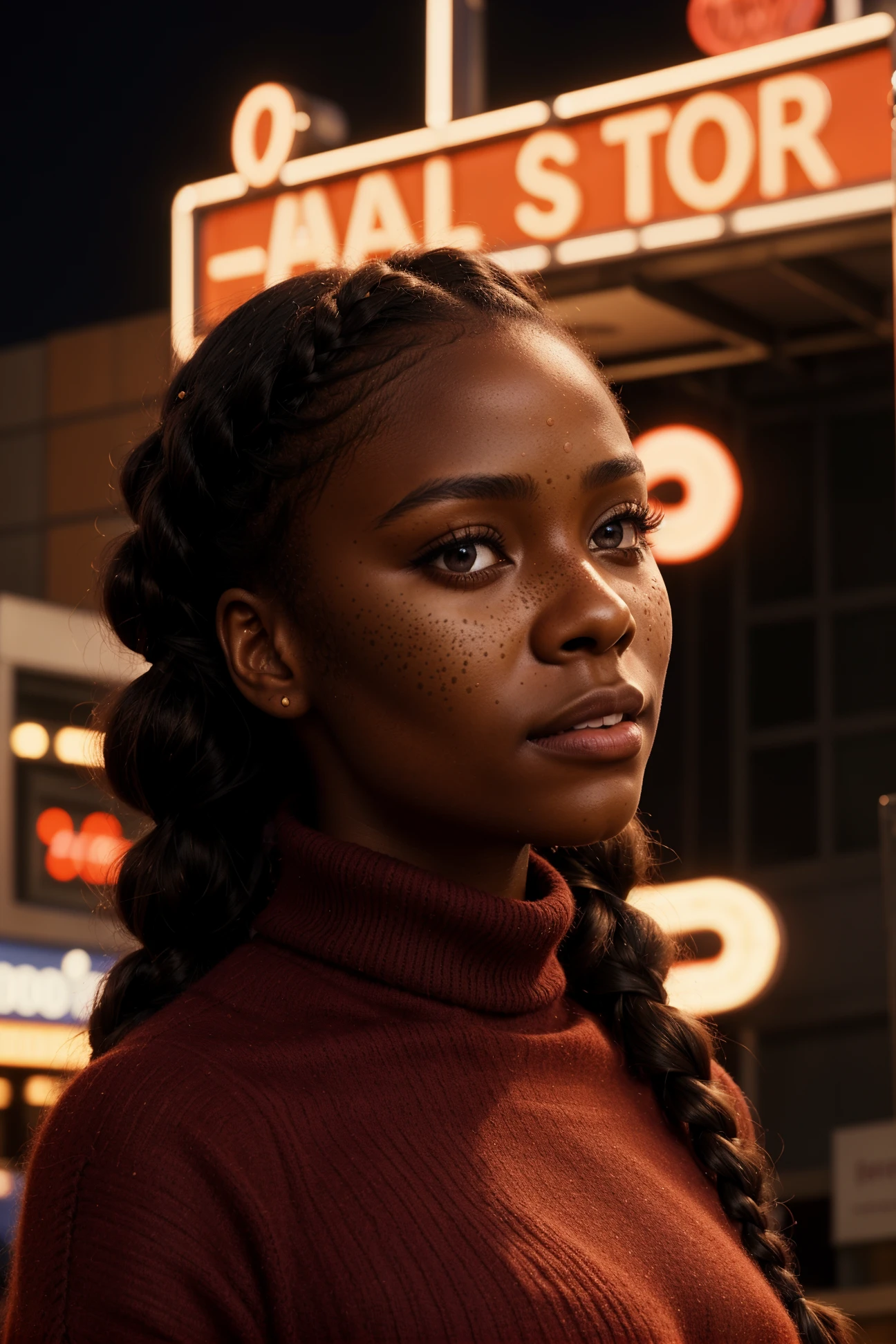 bttrfrckl, (a black woman, black skin:1.2), cute girl standing, full body, wearing trendy fashionable red Dress with Cashmere Turtleneck look, braid hair, (closeup portrait:1.3), in front of a movie theater, red neon sign of movie, 1970, 70s, at night, fashion, retro, sharp focus, studio photo, intricate details, detailed, hdr, epic background, dynamic, highly detailed, smooth, sharp focus, detailed background, 60-30-10 color rule, warm tones, godrays, unreal engine, global illumination, detailed and intricate environment