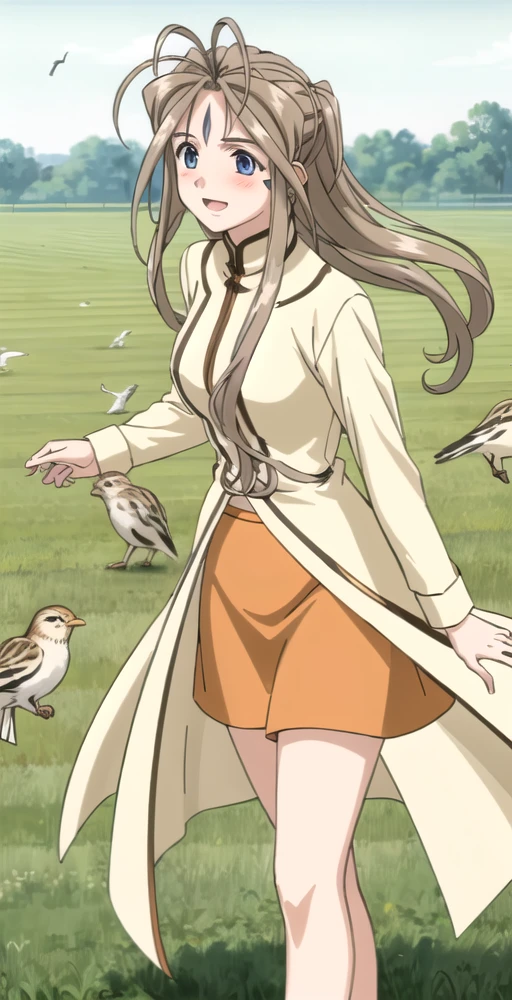 BelldandyV2, 1girl, solo, happy, blushing, casual outfit, orange skirt, walking outside, grass field, sunny, birds flying, perfect quality, good quality, masterpiece, HDR, UHD <lora:Belldandy V2-000004:0.75>