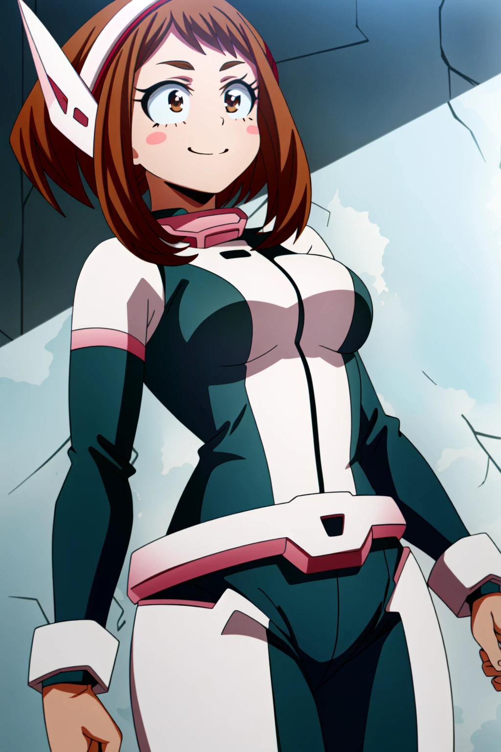 (extremely detailed CG unity 4k wallpaper),(masterpiece),(best quality),(ultra-detailed),(best illustration),(best shadow),(absurdres),(detailed background) <lora:OGT_Uravity-v1:1> Ochaco Uraraka, 1girl, uraraka ochako, solo, brown hair, brown eyes, blush stickers, short hair, smile, bodysuit, breasts, upper body, medium breasts