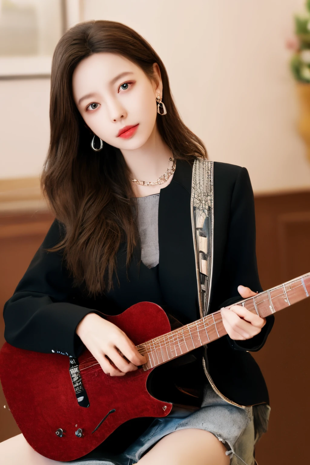 yww,best quality,masterpiece,realistic,earrings,holding,holding instrument,jewelry,long sleeves,sitting,upper body,<lora:YWW-000008:0.5>,