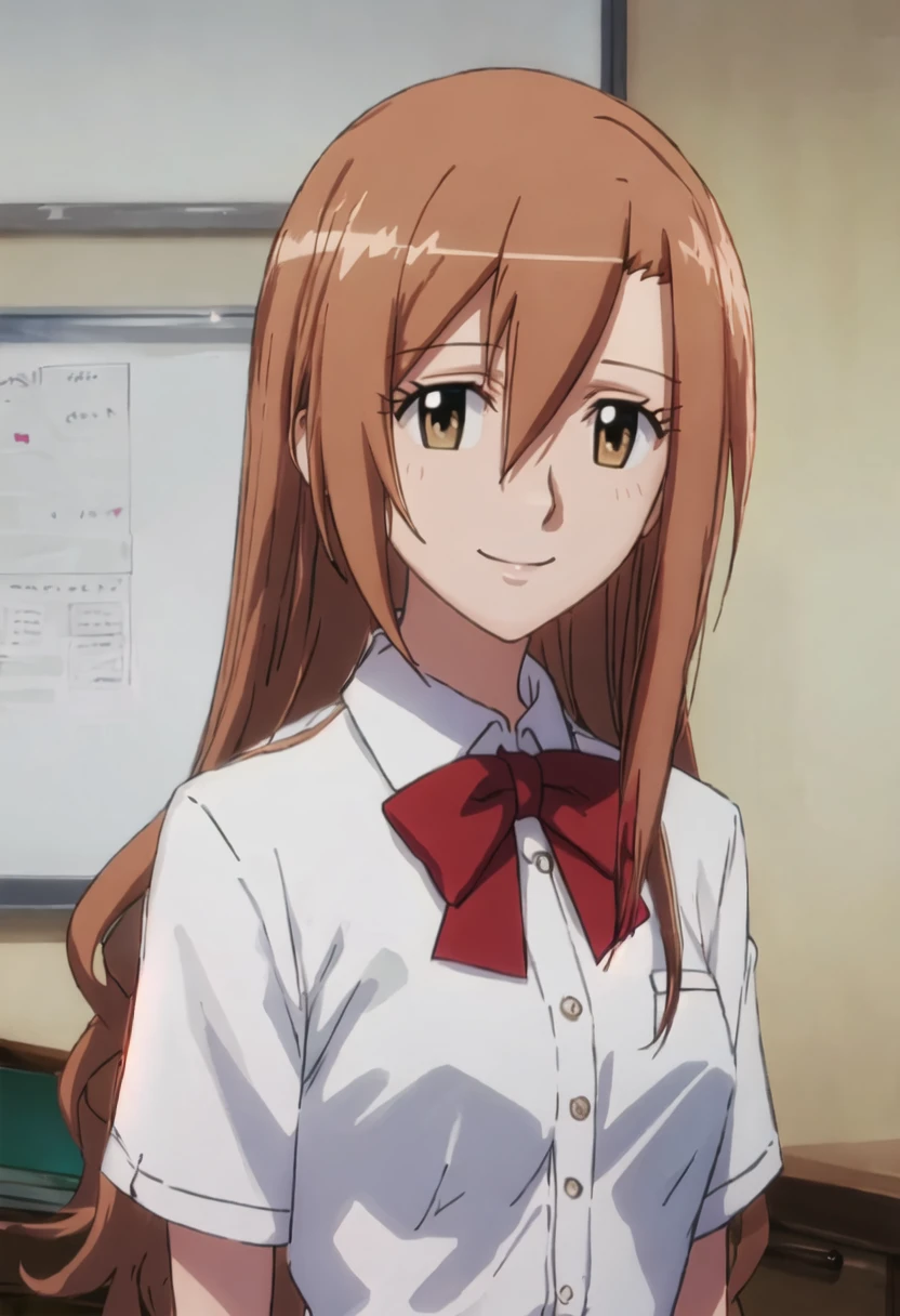 best quality, masterpiece, highres, solo, {shichijou_aria_seitokaiyakuindomo:0.90}, 1girl, anime_coloring, dress_shirt, school_uniform, smile, upper_body, bowtie, hair_between_eyes, looking_at_viewer, red_bow, white_shirt
