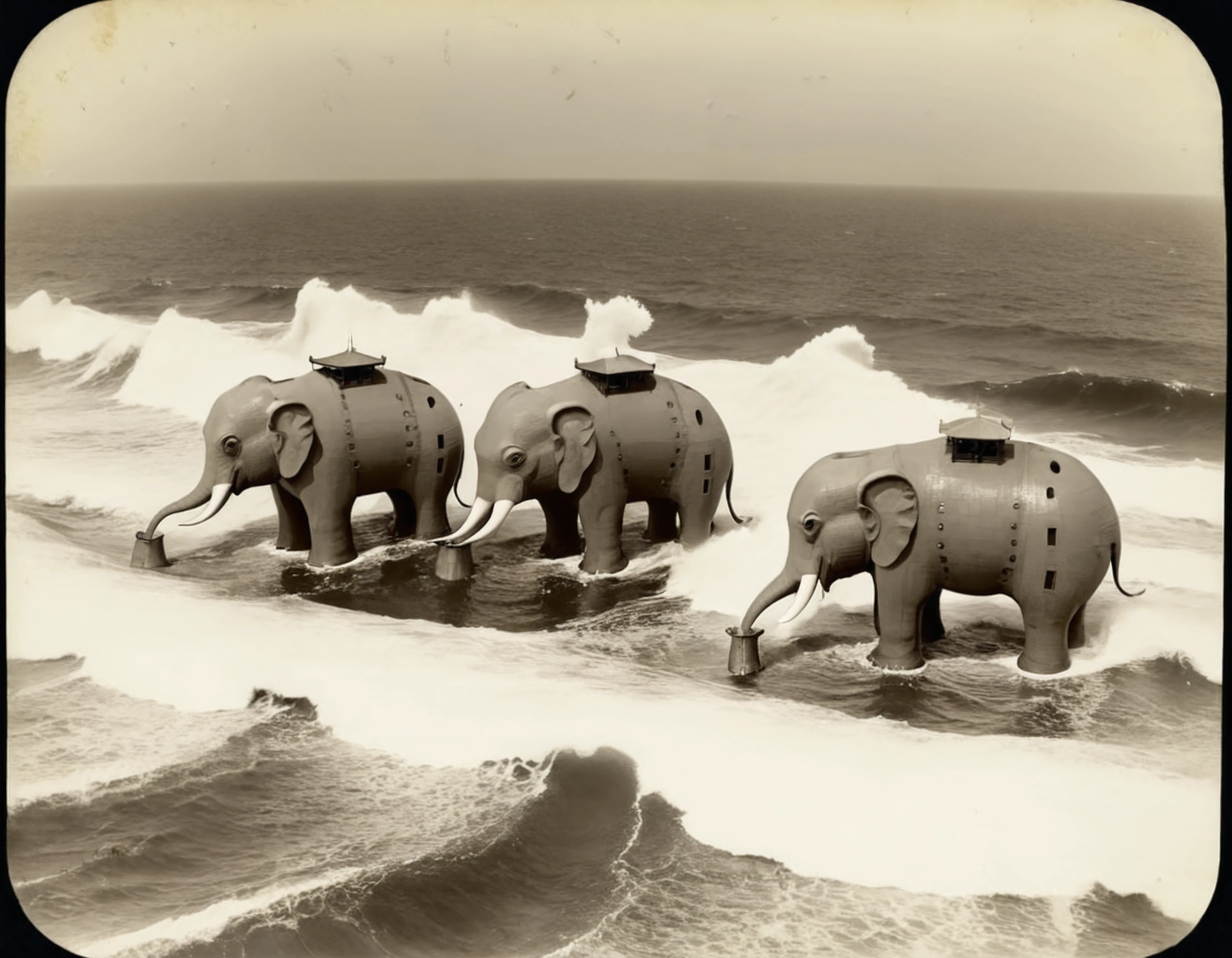 aerial view, an old Daguerrotype of a trio of elephant shaped novarc buildings swimming through huge waves in the Atlantic Ocean <lora:Novelty_Architecture:0.95>,