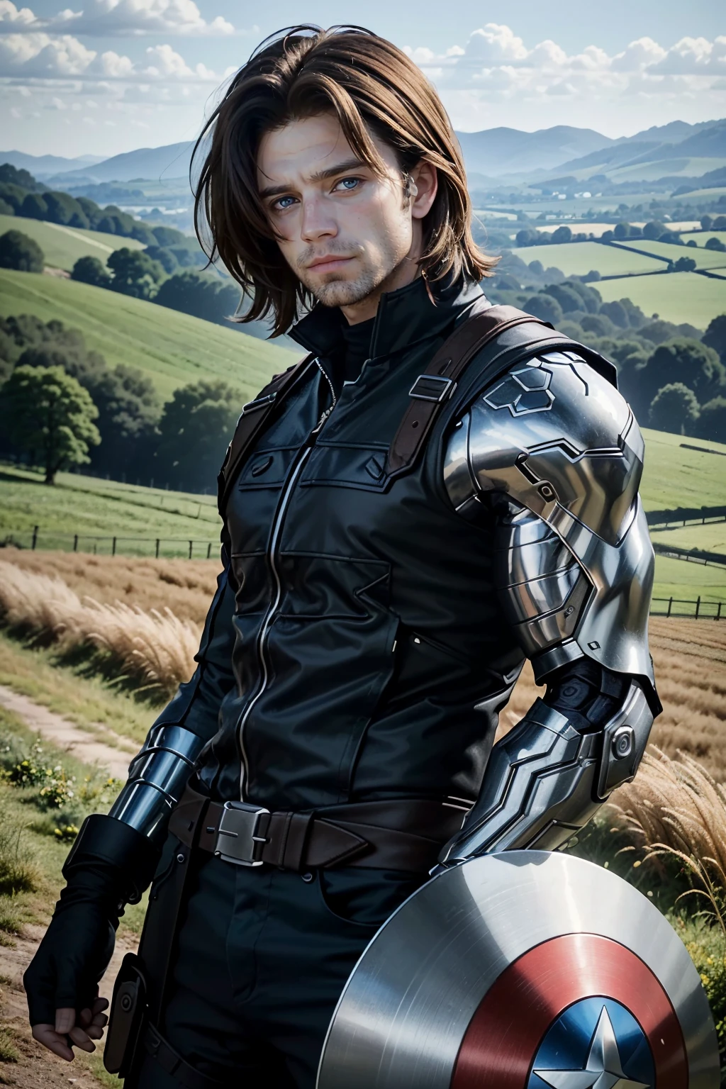 ((ultra detailed, masterpiece, absurdres))
<lora:MBBarnes:0.8>
MBBarnes, 1boy, medium hair, single mechanical arm, brown hair, blue eyes, Charming English Countryside with Rolling Hills