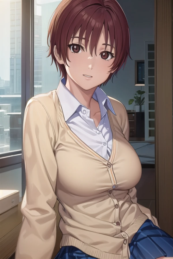 masterpiece,best quality,1girl,breasts,smile,short hair,brown hair,light brown hair,purple eyes,hair over one eye,breast,one strand hair presentingpanties,panties, holding,holding panties, ahegao,