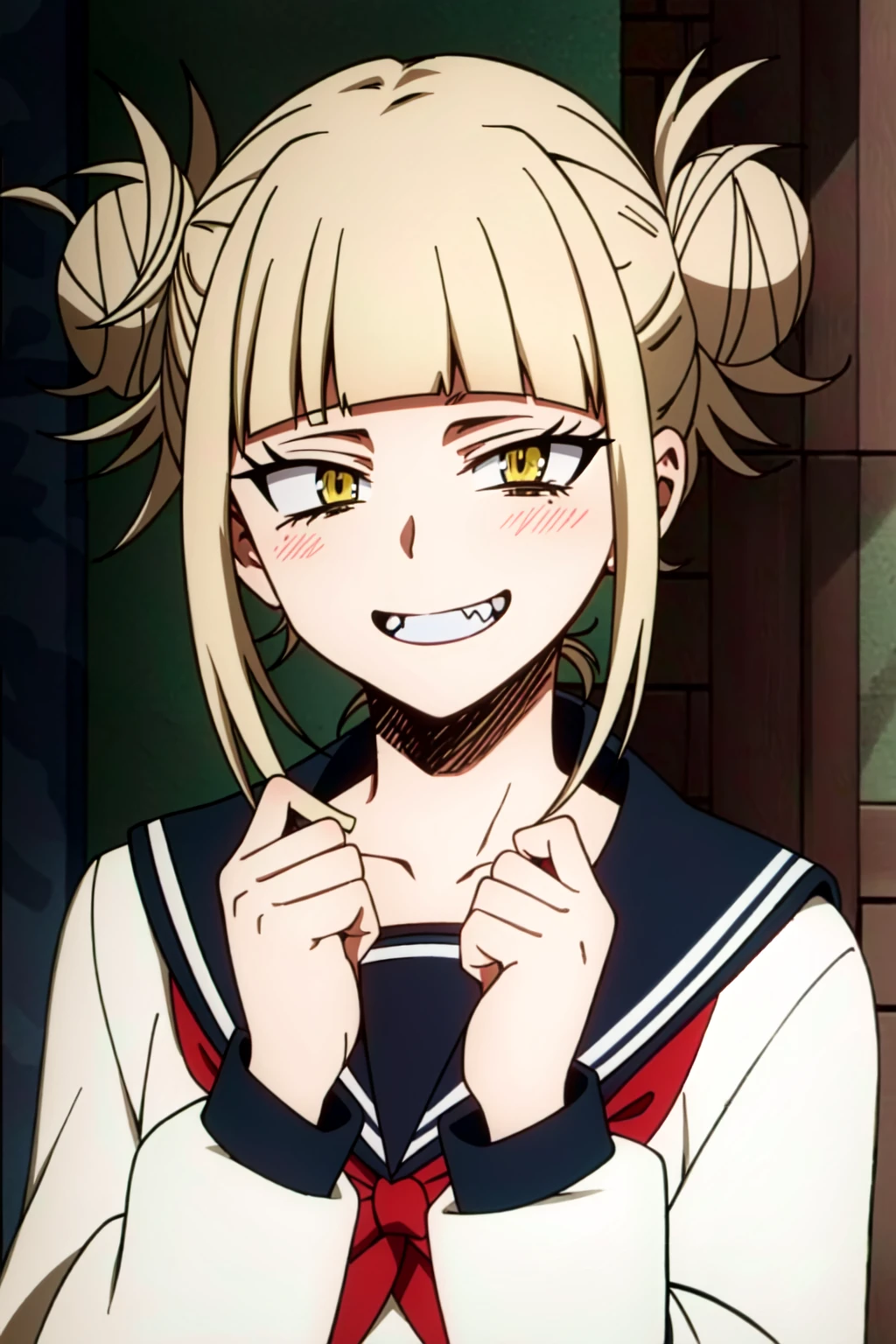 (extremely detailed CG unity 4k wallpaper),(masterpiece),(best quality),(ultra-detailed),(best illustration),(best shadow),(absurdres),(detailed background) <lora:OGT_Himiko_Toga-v1:1> Himiko Toga, 1girl, solo, toga himiko, smile, double bun, blonde hair, hair bun, bangs, blush, yellow eyes, looking at viewer, grin, blunt bangs, messy hair, sidelocks, sailor collar, teeth, school uniform, collarbone, portrait, blue sailor collar, clenched hands, anime coloring, serafuku, hands up