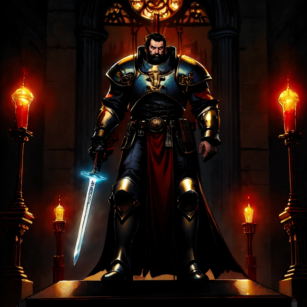 nqstrman, armor, male focus, 1boy, full body, standing, shoulder armor, pauldrons, sword, black hair, gauntlets, facial hair, beard, holding sword, uniform, military, holding gun, greaves, glowing eye, pulp_comic, heavy_lines, hand_drawn, hand_inked, hand_colored, perfect_face, grimdark, dark_fantasy, red_glow, metal_walls, cathedral, altar, pulpit,