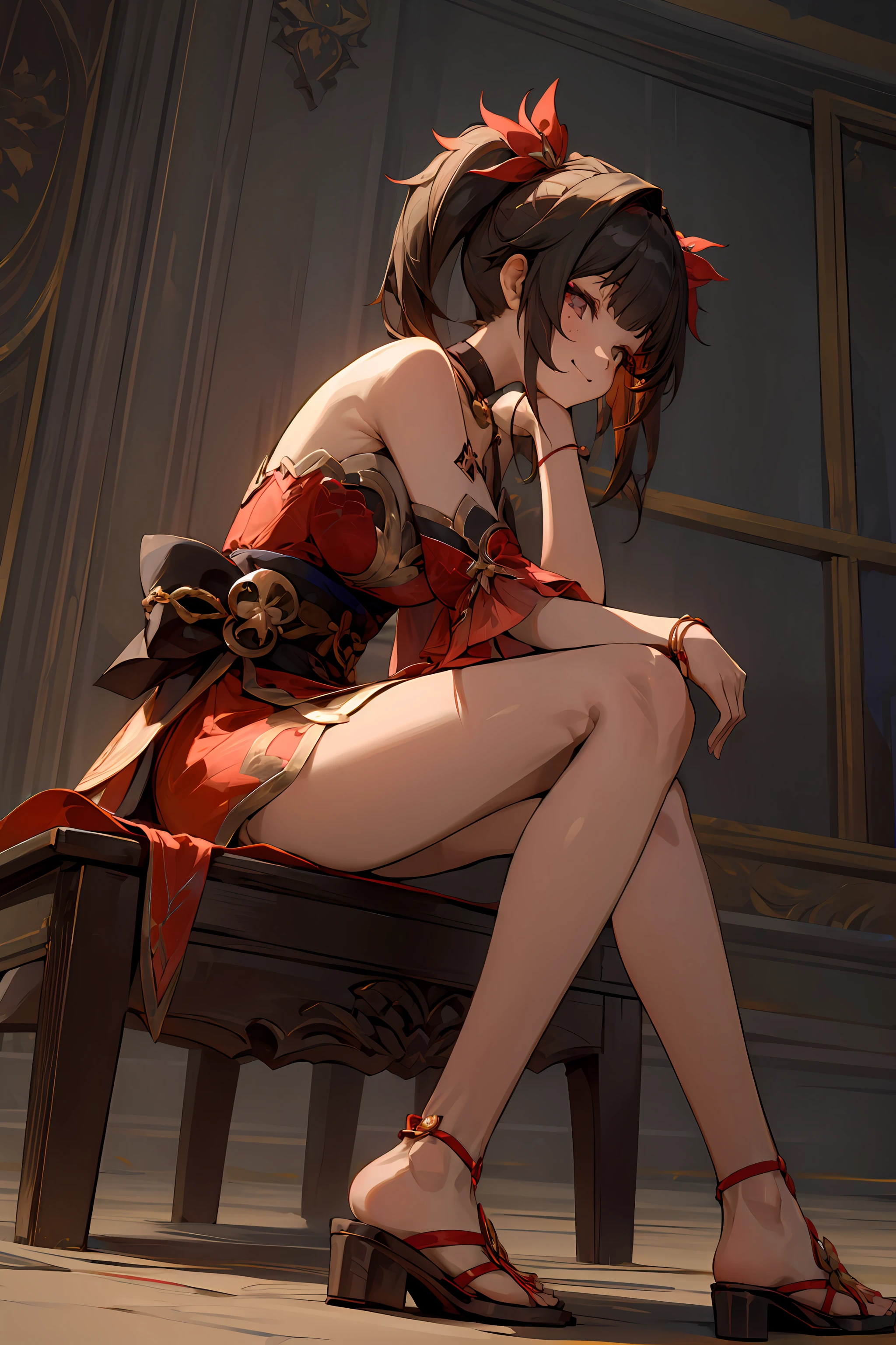 ((masterpiece,best quality)), 1girl, sparklehsr, wrist rope, sandals, sitting, from below, side view, smile, bare shoulders,