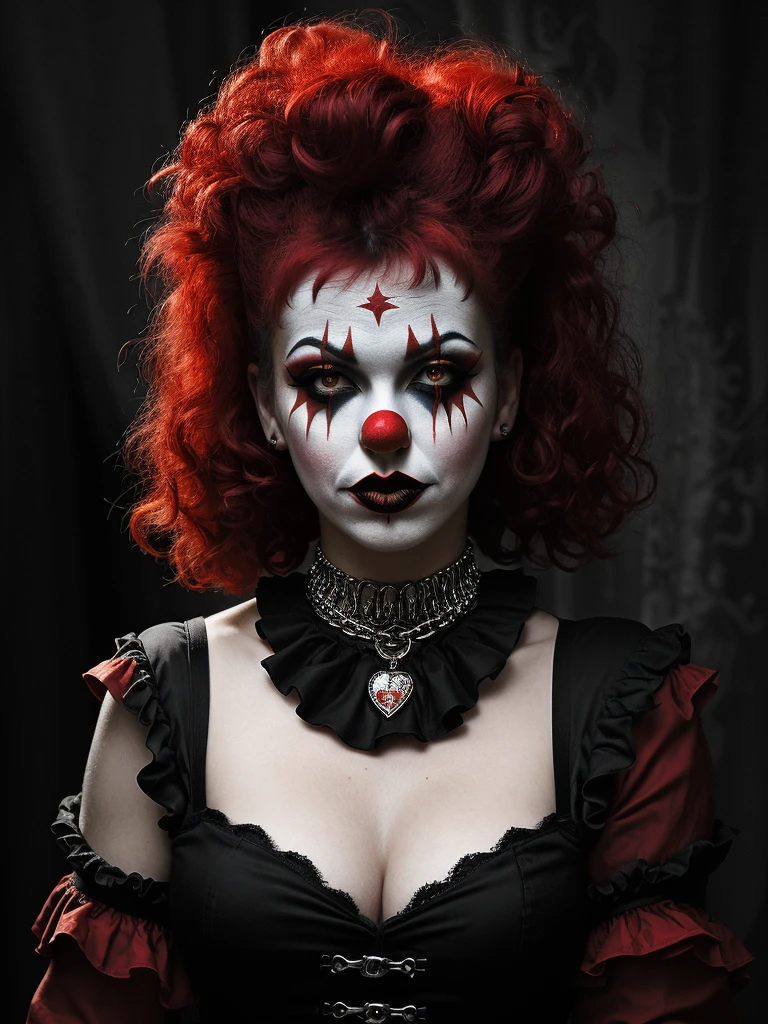 female punk clown, in the style of dark and dramatic chiaroscuro portraits, gothic dark and ornate, dark crimson and light crimson, expressionist emotion, epic fantasy scenes, pulpy style, blink-and-you-miss-it detail