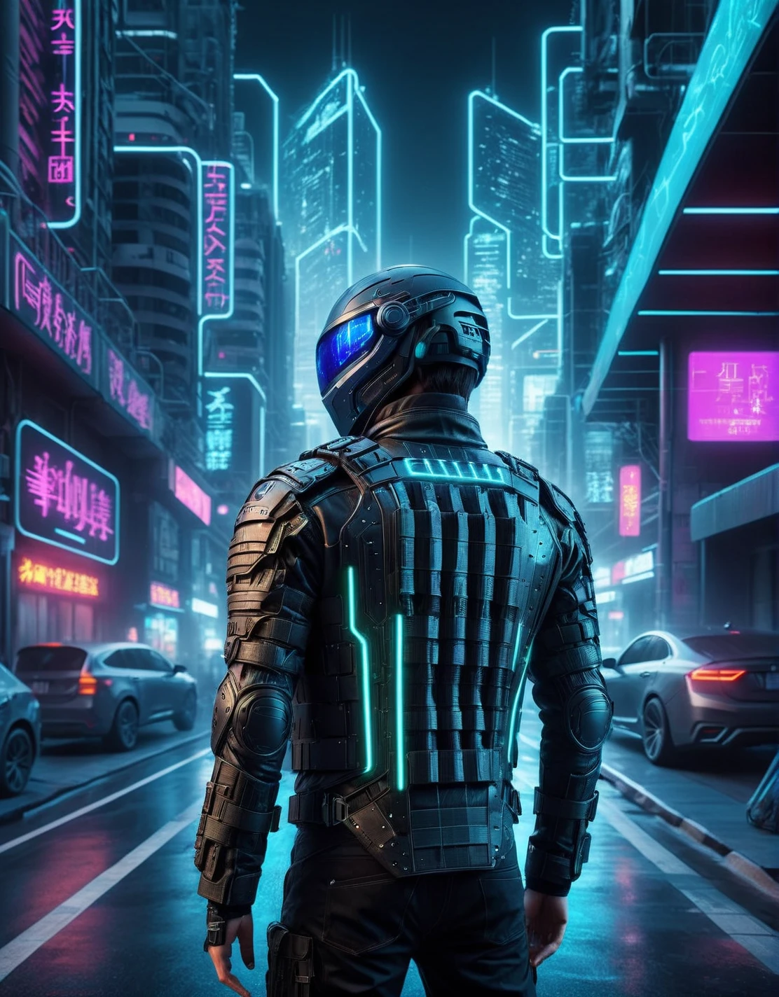 ais-rmr cybernetic hacker navigating the neon-lit streets of a futuristic megacity at night <lora:ais-rmr-sdxl:1>