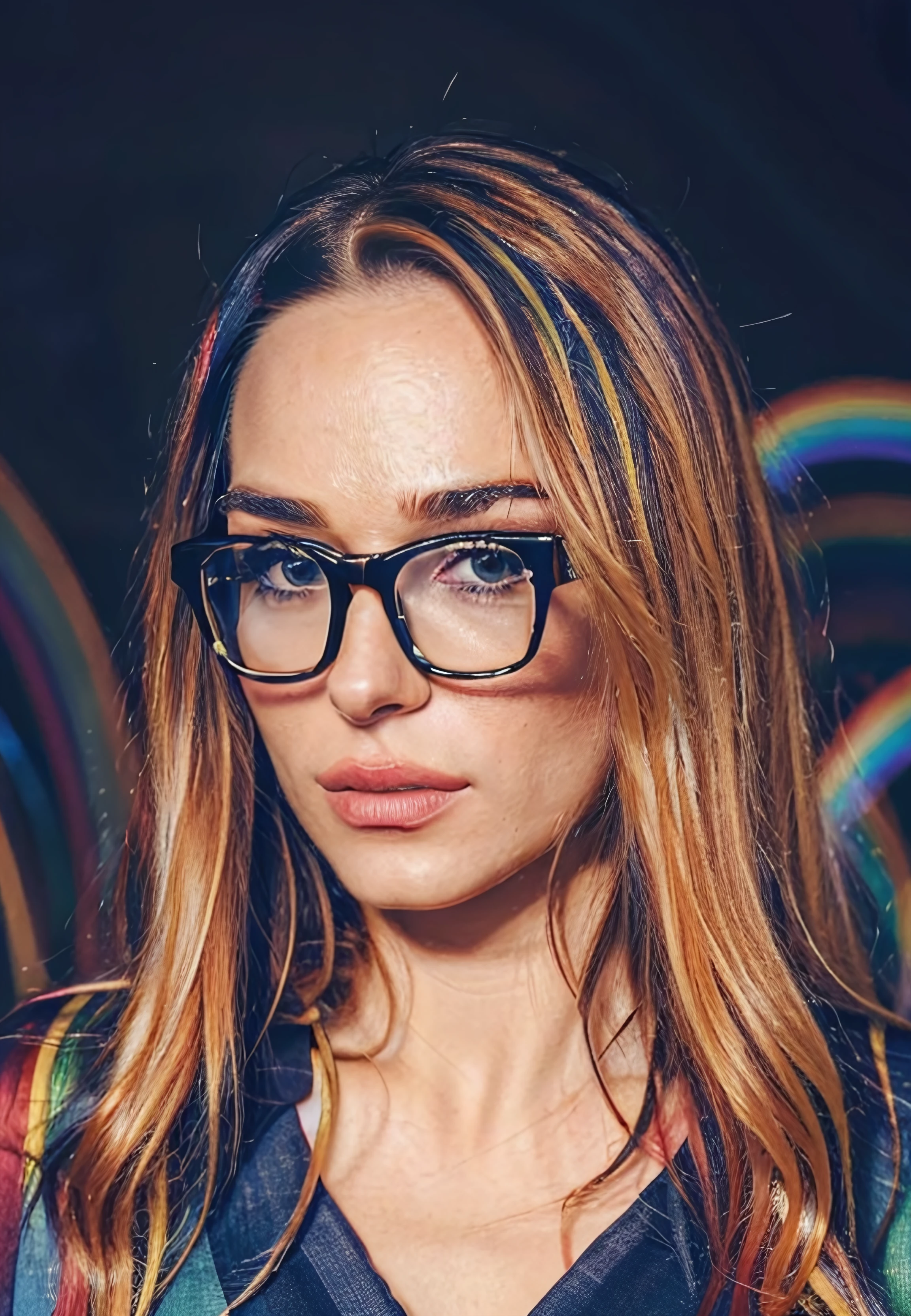 epost,  photography, 8k, realistic, portrait, looking at viewer, colorful blonde hair, parted lips, face focus, glasses, abstract, rainbow, vivid colors, primary colors, cartoon background