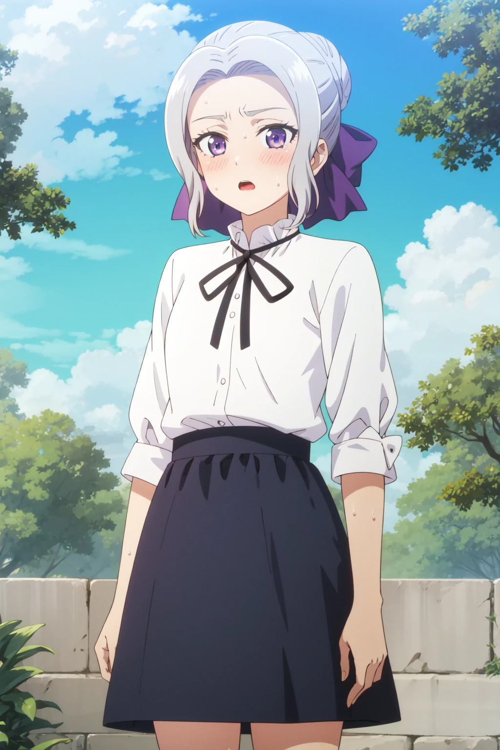 (extremely detailed CG unity 8k wallpaper), (masterpiece), (best quality), (ultra-detailed), (best illustration), (best shadow), (absurdres), 1girl, solo, <lora:shino-11:0.7>,shino, solo, 1girl, skirt, purple eyes, bag, looking at viewer, socks, smile, open mouth, shirt, handbag, white skirt, bow, white socks, hair bow, white hair, hair ribbon, shoes, ribbon