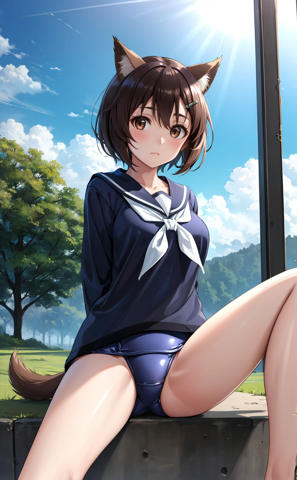 masterpiece, best quality, highres,
HikariDef, 1girl, solo, short hair, brown eyes, brown hair, hair ornament, hairclip, dog ears, dog tail, dog girl, 
shirt, school uniform, swimsuit, serafuku, shiny, sailor collar, neckerchief, one-piece swimsuit, school swimsuit, blue one-piece swimsuit, swimsuit under clothes, sailor shirt, old school swimsuit,
sitting, spread legs, cowboy shot, arms behind back, looking at viewer, outdoors, grass, field, forest, sunlight, sky, blue sky, <lora:Hikari:1>