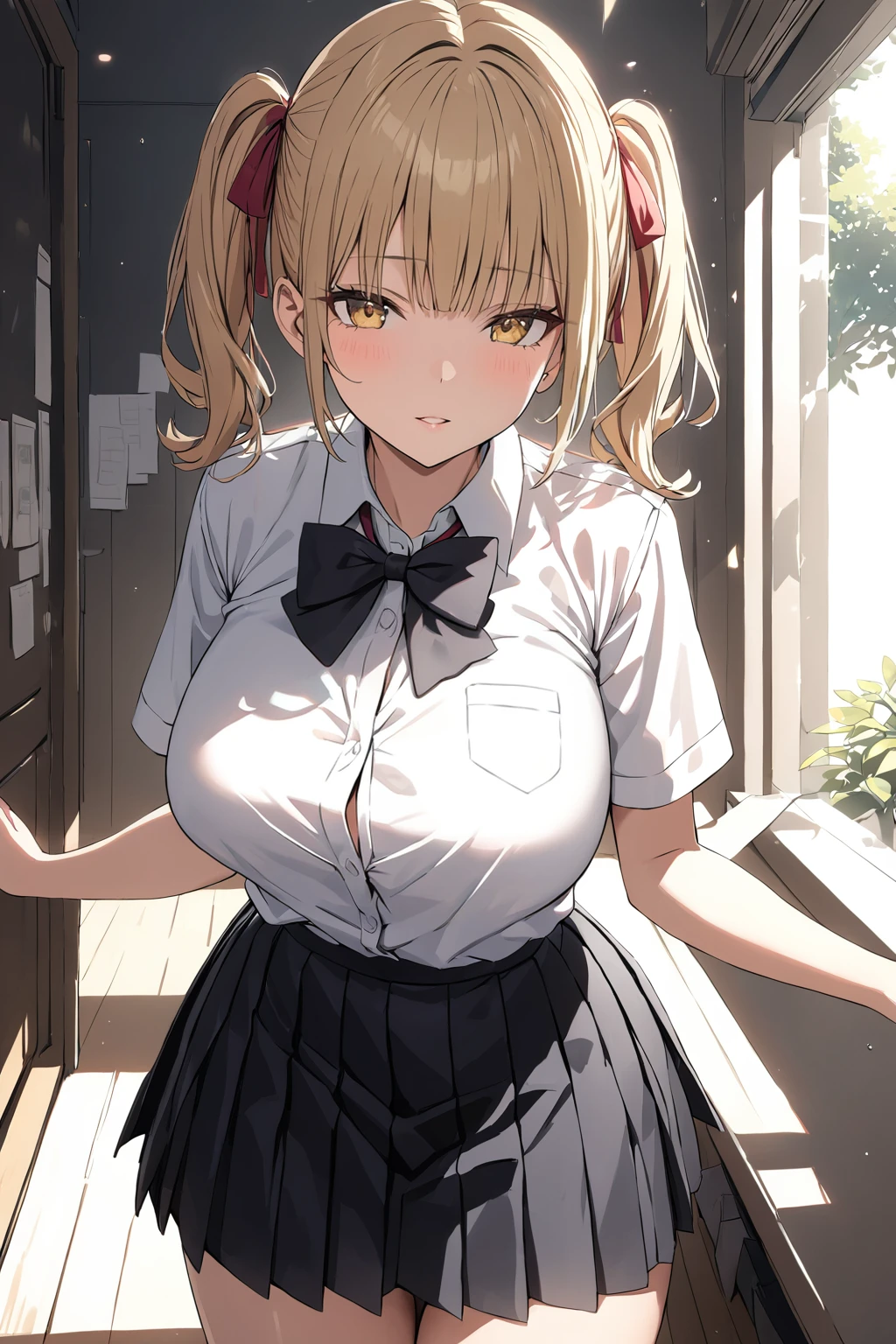 extremely detailed fine touch, natural light, sun light, light rays, dappled light, reflection, shadows, ray tracing, masterpiece, best quality, highly detailed,
<lora:riko(sdxl):0.4> 1girl, riko, yellow eyes, large breasts, twintails, bangs, looking at viewer, blonde hair, red hairribbons, (school uniform with white collared shirt tucked in, black bow, black pleated skirt)