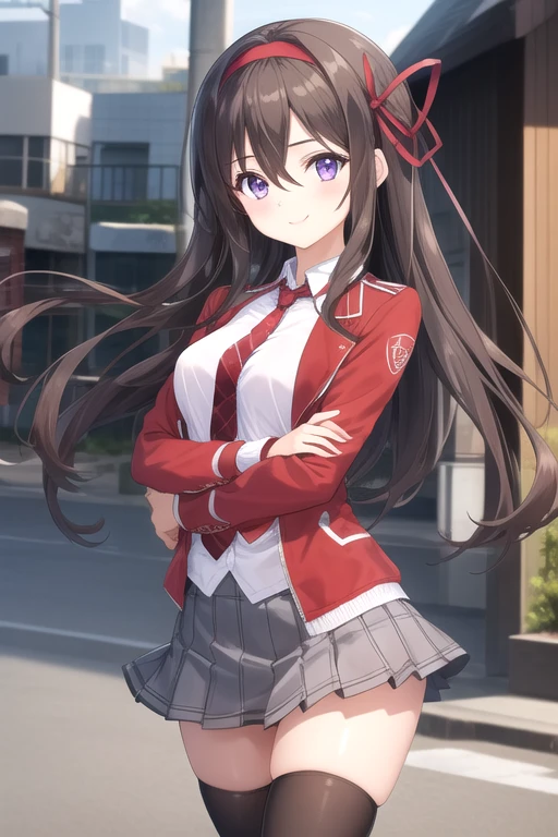 ((masterpiece)),(best quality),official art,extremely detailed CG,unity 8k wallpaper,ultra detailed,beautiful detailed eyes,extremely detailed face,street,1girl,solo,cowboy shot,looking at viewer,facing viewer,smile,(petite:1.3),yuuouji ouka,very long hair,brown hair,floating hair,red hairband,hair ribbon,red ribbon,hair bow,sidelocks,hair between eyes,purple eyes,red jacket,open jacket,wing collar,collared shirt,white shirt,taut shirt,long sleeves,large breasts,plaid necktie,necktie between breasts,miniskirt,grey skirt,pleated skirt,zettai ryouiki,black thighhighs,boots,<lora:Yuuouji Ouka(noucome)>,
