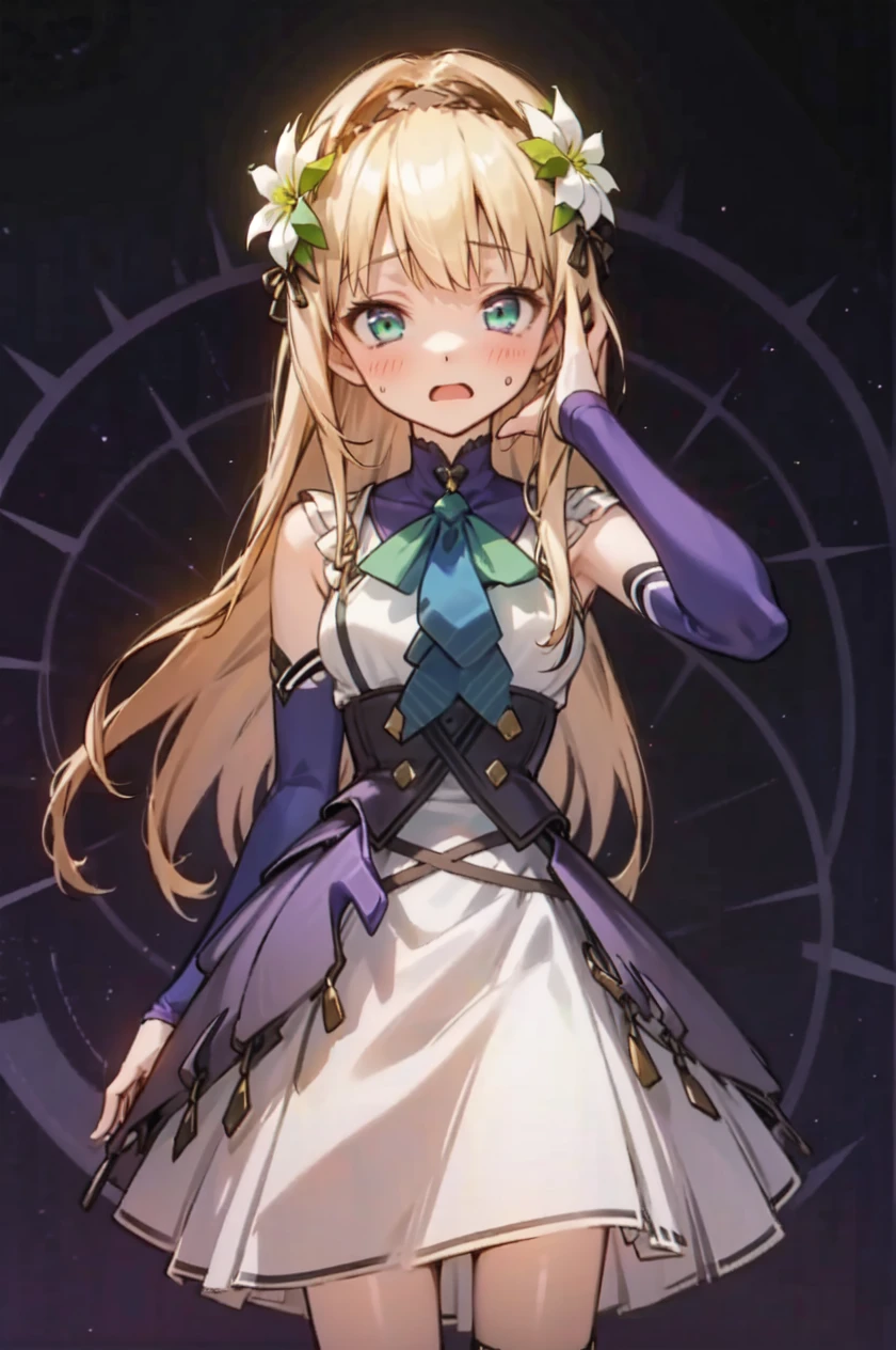 1girl, solo, surprised, looking at viewer, open mouth, hand on own face, blush, purple eyes, eroica silvia, hair flower, white dress, long hair, green eyes