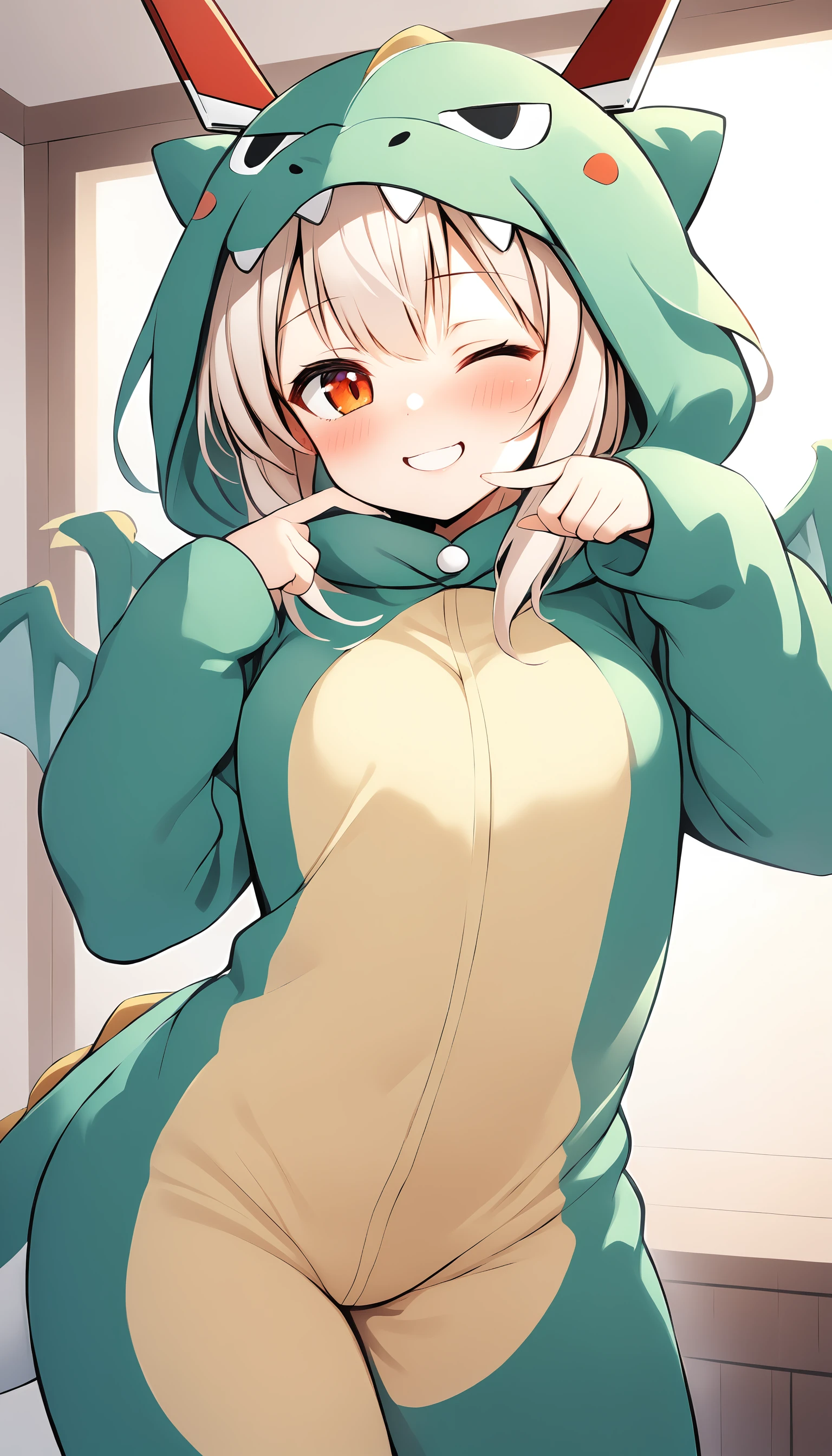 ayanami_azur_lane,1girl,headgear,cowboy shot,dragon costume,revealing,((head slated)),one finger points to mouth,blush,cheeky light smile,winking,very detailed and sharp, vibrant colors