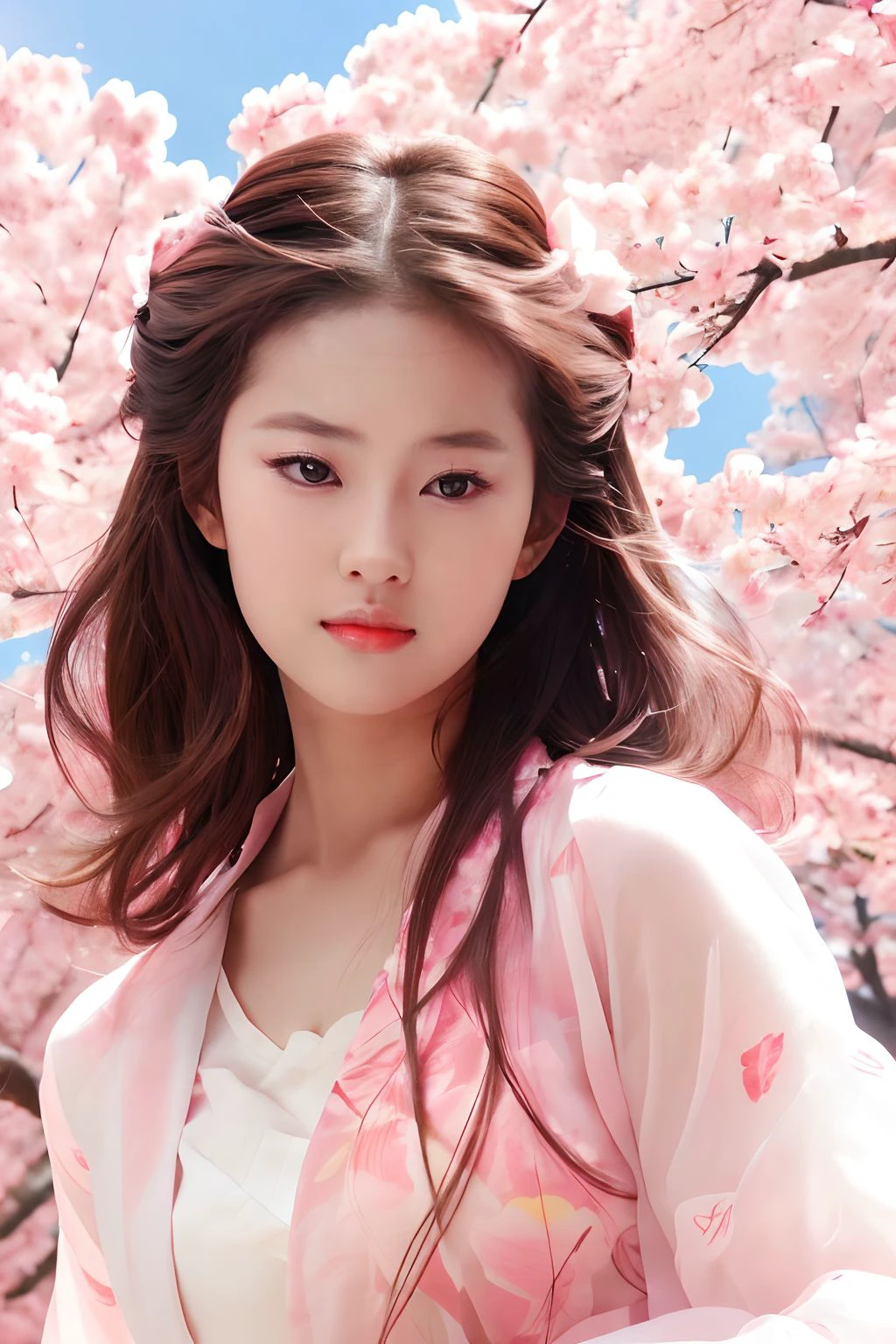 liuyifei ,<lora:liuyifei_dragon_mjl_1-000015:0.6>,sexy,high res, masterpiece, unity 4k wallpaper, beautiful,Light brown hair, pink eyes, pink and white, sakura leafs, vivid colors, white dress, paint splash, simple background, ray tracing, wavy hair