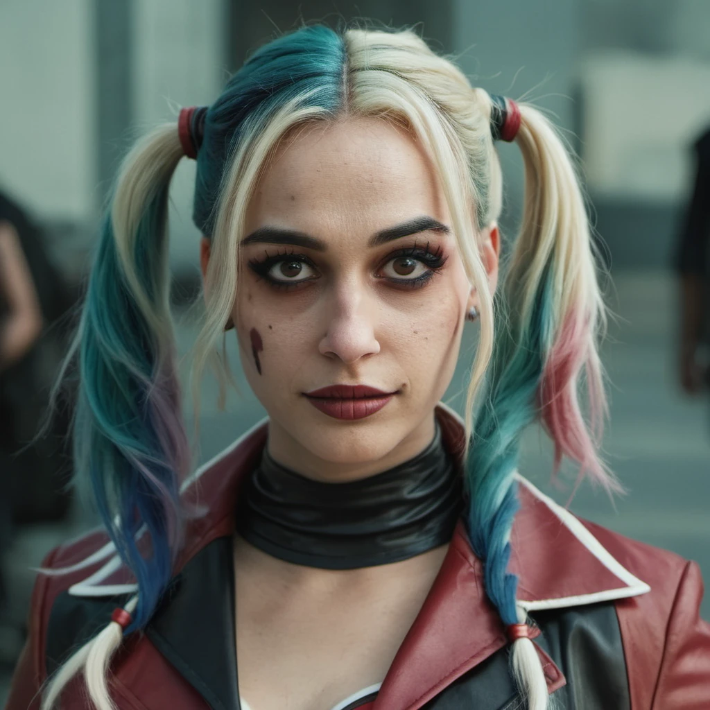 High res closeup portrait photo of an actress dressed as Harley Quinn, f /2.8, Canon, 85mm,cinematic, high quality, skin texture, looking at the camera, <lora:naoscott_xl_1_standard_wo_cap-000040:1>