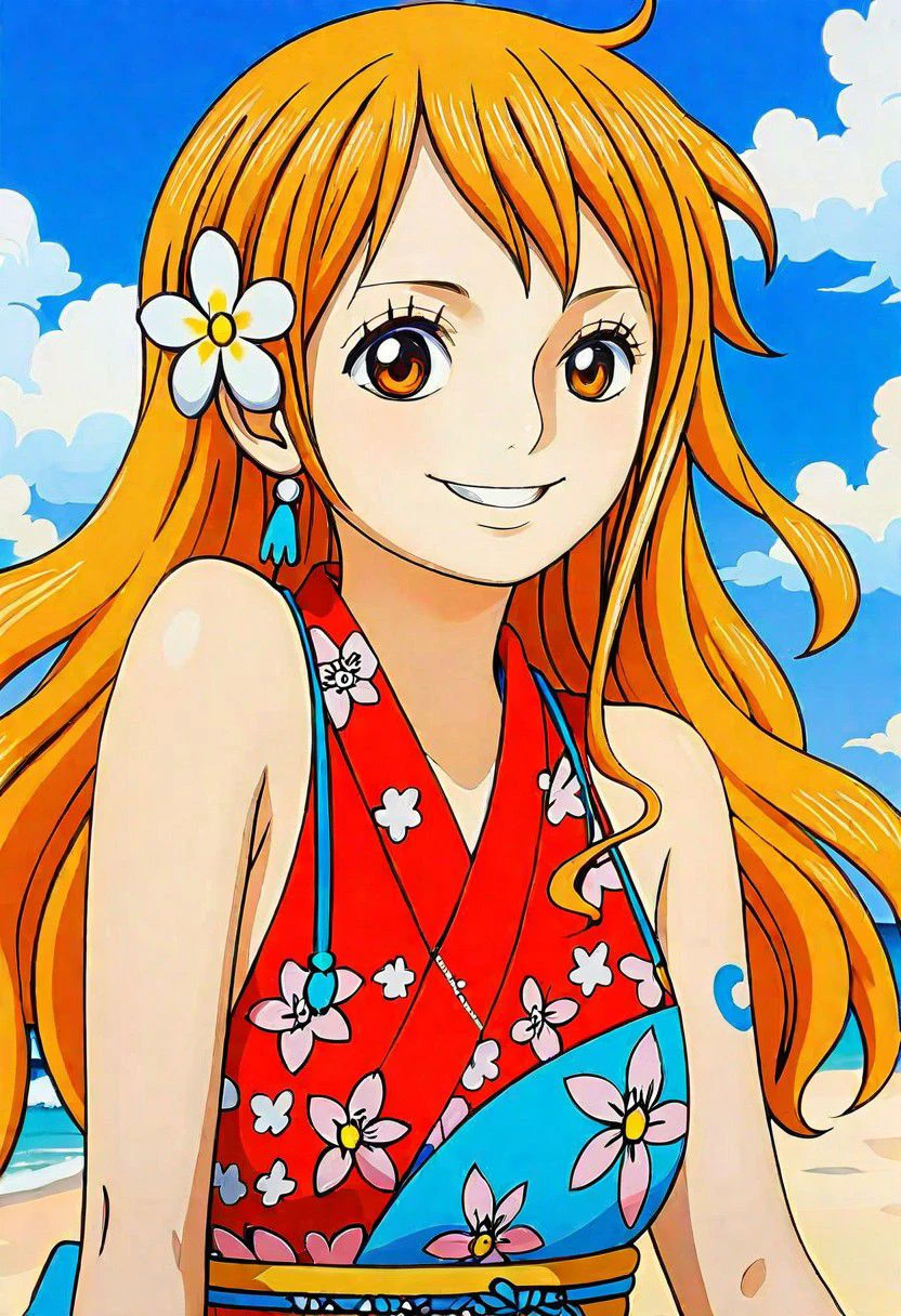 Portrait 1Girl , Long hair, (Smile:1.0), Wano, in the beach