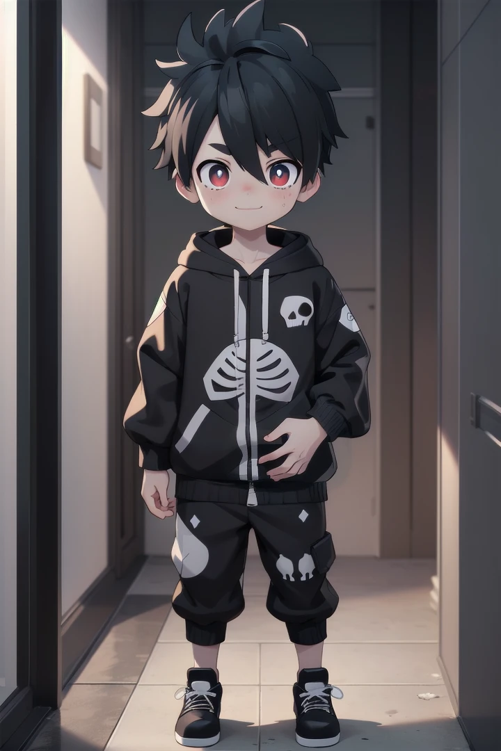 <lora:kabanesd-000012:0.6>
1boy named kabane_kusaka,
black hair,
standing alone in a city,
his pupils are white his corona is red,
he has a smirk on his face,
(black onesie:1.2) with (skeleton pattern:1.2),
draw it in the style of Kemono Jihen,
hood down
black short pants,
The soft lighting and detailed surroundings create an immersive environment where imagination runs wild hyper-detailed,
hyper-detailed face, high quality visuals, dim Lighting, sharply focused, octane render, 8k UHD,
GS-Boyish, AS-YoungV2