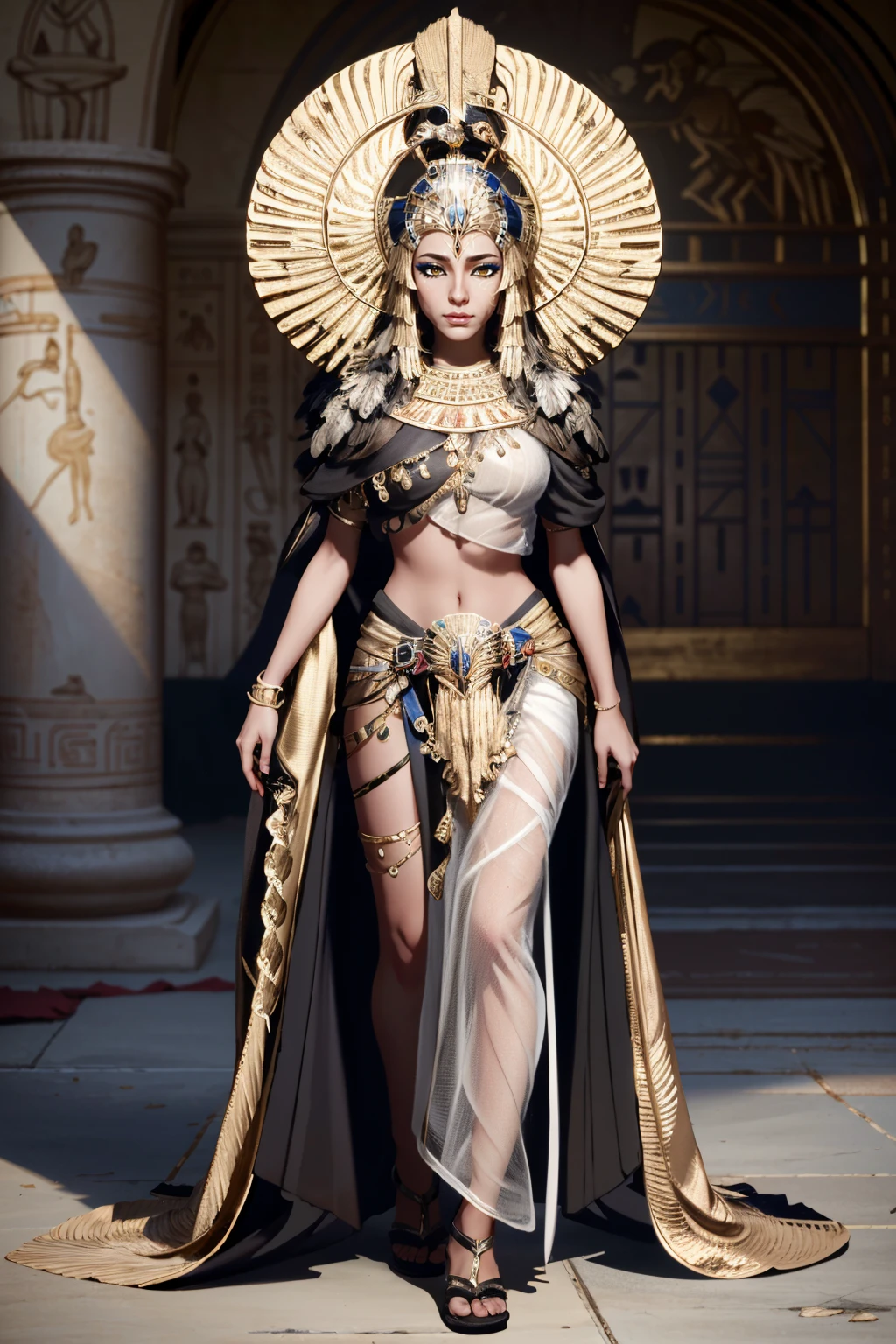 Beautiful Aztec Goddess of Death Beautiful Aztec in combat stance With hood and cape With jade and gold ornaments Eyes with supernatural glow Photorealistic image dramatic lighting Spectral setting With skull mask Dramatic posture View from below Masterpiece Athletic build and wide hips Black loincloth with ornaments Body paint