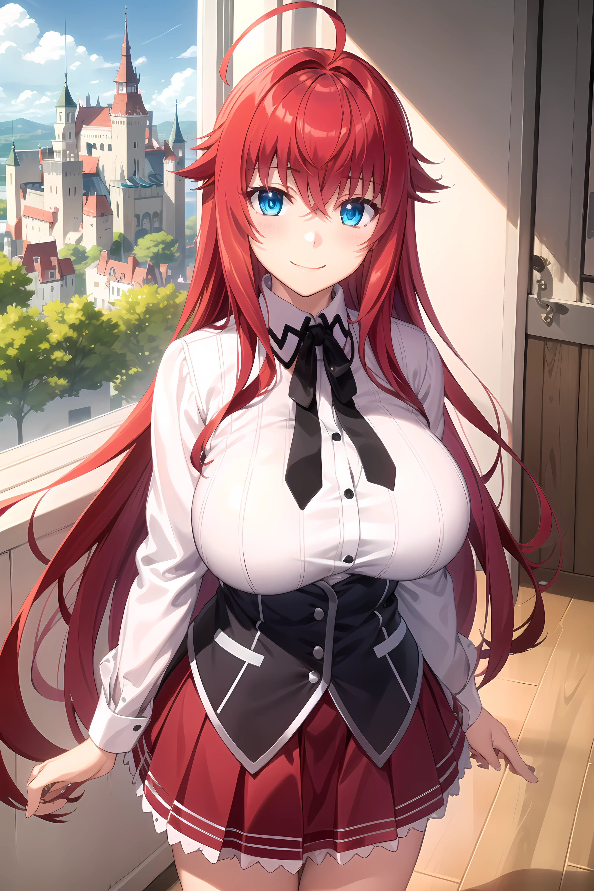 realistic, 1girl, Crimson hair, light particles, light rays, wallpaper, ((rias_gremory)) blue eyes , (masterpiece, best quality, ultra-detailed), (detailed background), high contrast, (best illumination, an extremely delicate and beautiful), ((cinematic light)), colorful, hyper detail, dramatic light, intricate details, smile, sharp face, pink lips, large breasts, french braid, (school uniform), breasts, long hair, solo, red hair, ahoge, school uniform, smile, large breasts, skirt, huge ahoge, very long hair, <lora:rias_gremory_v2:1>