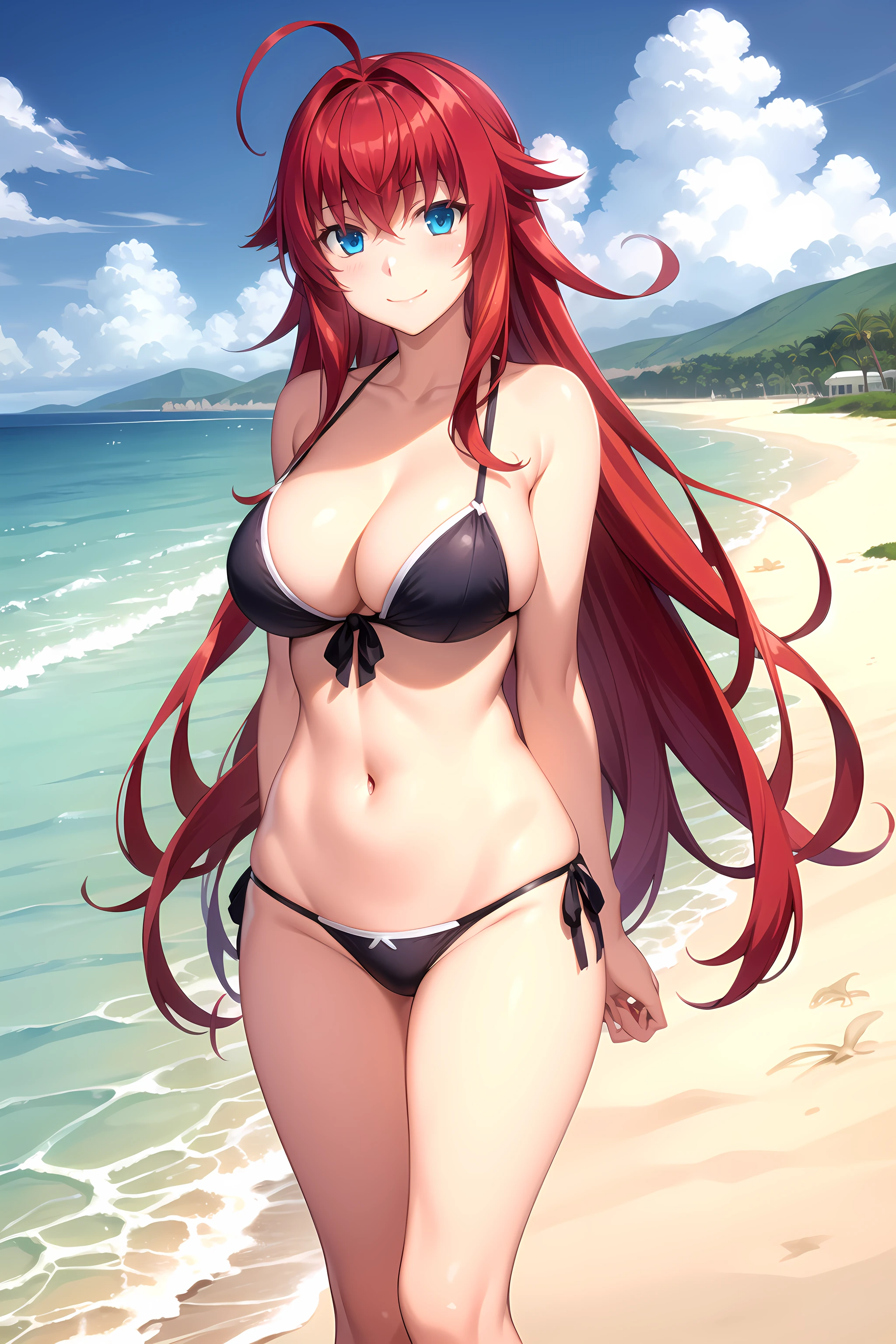 best quality, masterpiece, detailed,
<lora:HighSchoolDxD_RiasGremory:0.9>, RiasGremory,
1girl, closed mouth, smile, blush,
red hair, long hair, blue eyes, ahoge,
black bikini, huge breasts,
standing, looking at viewer,
beach, water, palm