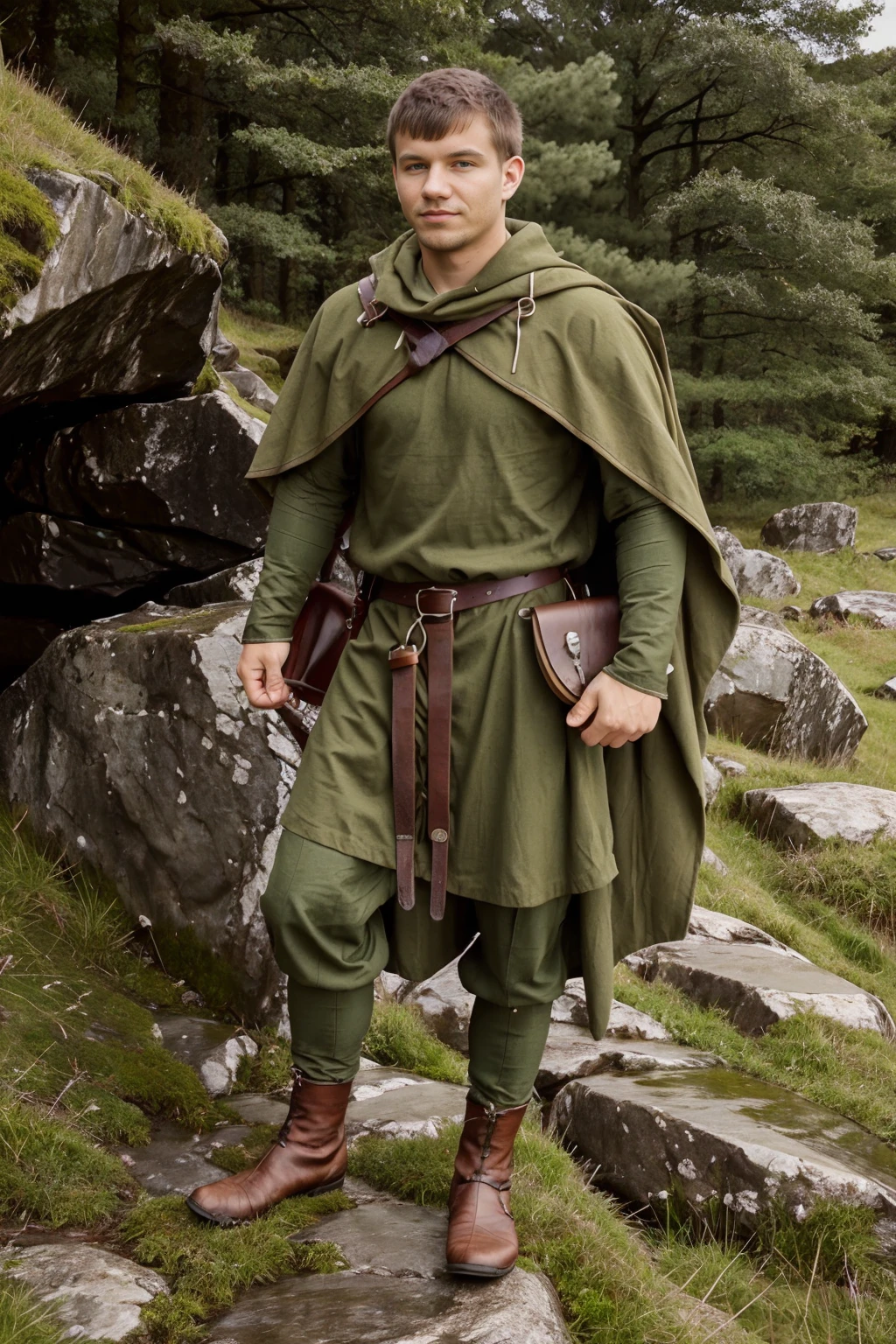 hill in Northumbria, standing on a rocky outcrop, BrettSwanson, norsemenclothes, green tunic, green cloak, satchel, belt, leather vambraces, pants, boots, (((full body portrait))), wide angle,<lora:BrettSwanson:0.8> <lora:NorseMenClothes:0.8>