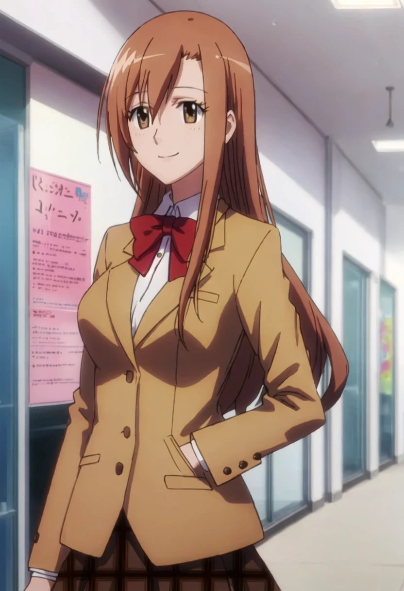 best quality, masterpiece, highres, solo, {shichijou_aria_seitokaiyakuindomo:0.90}, 1girl, blazer, plaid_skirt, school_uniform, smile