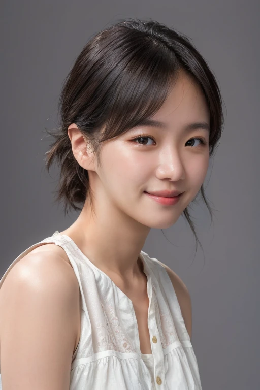 masterpiece, best quality, ultra-detailed, ultra high res, (photorealistic:1.4), raw photo, (realistic:0.2), 8k HDR, 1girl, solo, (looking at viewer), smile, realistic lighting, asymmetrical hair, (detailed skin), (detailed face), (simple gray background :1.1), (upper body:1.5), simple dress, sleeveless,