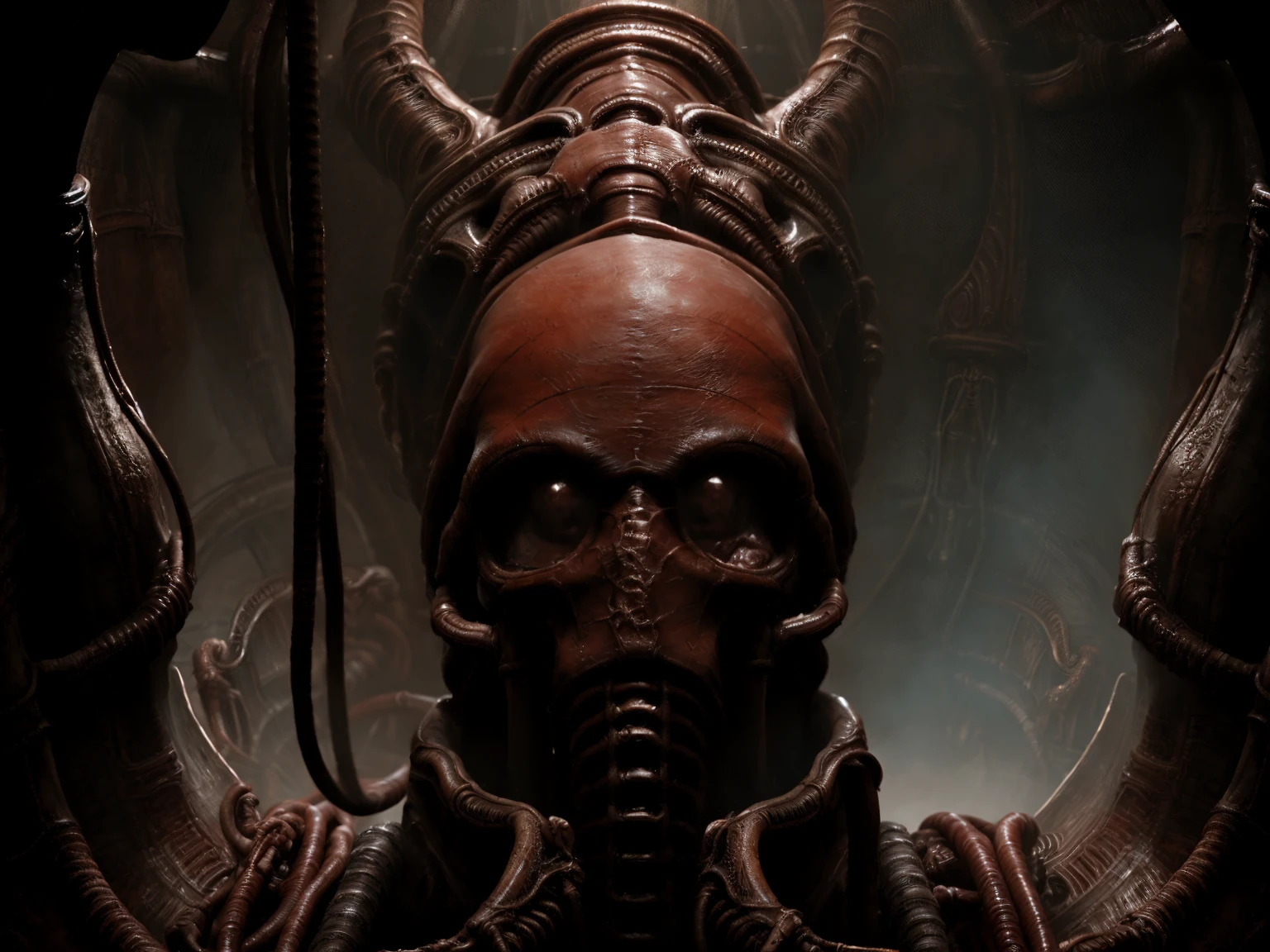 zwx-1500 masterpiece, highly detailed, trending on artstation scorn, a dimly lit cave with two tunnels and a large hanging skull on the pillar in the middle of it