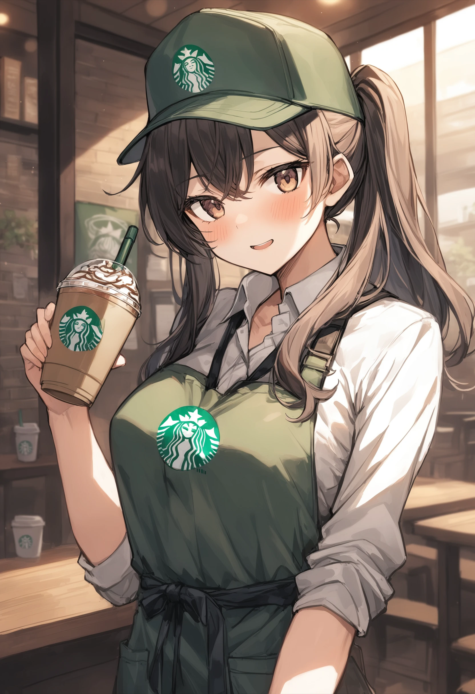 1girl, <lora:sdxl2-flat2-512b:-1>,medium breasts,solo,
<lora:starbuniXLv1:0.6>,starbuni, emblem,green apron,starbucks, holding pen,cap,
best quality,medium quality,