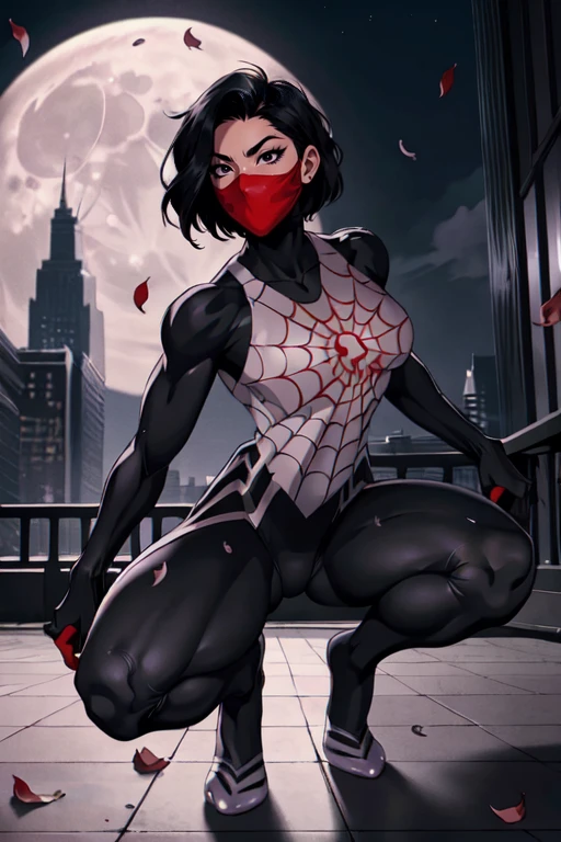 masterpiece,best quality,extreme detail,8k,<lora:silk:0.8>,CindyMoon,solo,looking at viewer,short hair,black hair,1girl,full body,black eyes,petals,bodysuit,mask,night,moon,squatting,full moon,city,mouth mask,superhero,spider web print,silk,black eyes,medium breasts,
