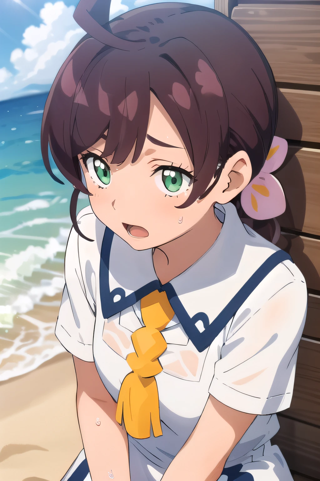 (masterpiece:1.2), best quality, high resolution, unity 8k wallpaper, (illustration), extremely detailed face, perfect lighting, extremely detailed CG, 1girl, solo, <lora:Sakuragi_Koharu:0.7>, koharu, green eyes, dress, school uniform, collared dress, white dress, short sleeves, ahoge, neck tassel, braided ponytail, looking at viewer:1.3, frontal view:1.2, open mouth, (breath, heavy breath, steam, steaming background), sweat, sweaty body, outdoor, sunshine, standing, thick thighs, barefeet, beach, ocean behind, wet clothes, ((sleepy, drowsy))