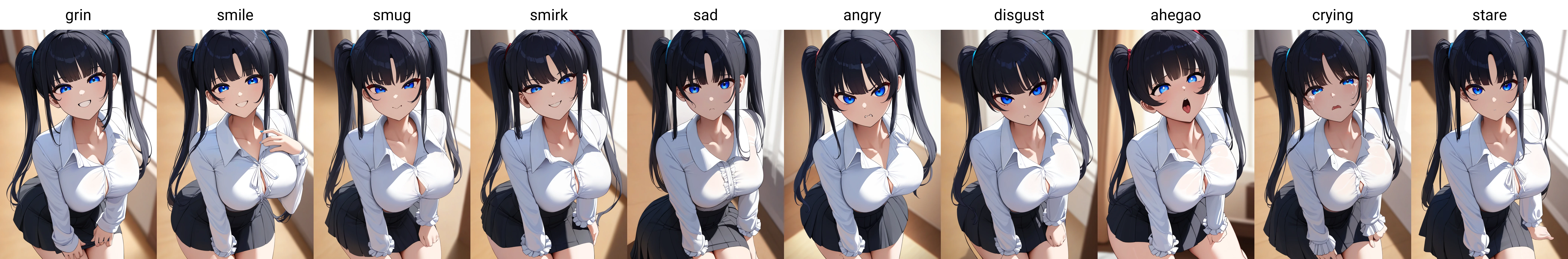 masterpiece, best quality, 1girl,blue eyes,twintails, black hair, white blouse ,best quality,  black skirt, grin,looking at viewer, by nicorima  <lora:Nicorima-Style-AniXL-000074:1>