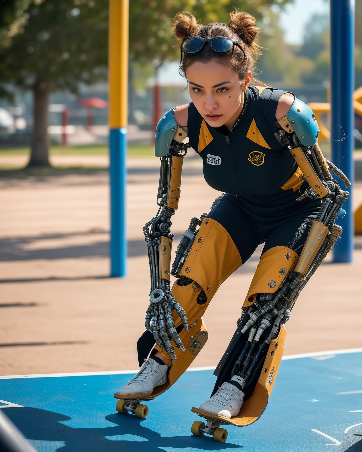 <lora:Reel_mechanical_parts_v_1_3:0.6>, reelmech, mechanical parts, a girl is skateboarding in a playground, (photorealistic:1.2) (bokeh) (best quality) (detailed skin) (intricate) (8k) (HDR) (cinematic lighting) (sharp focus)