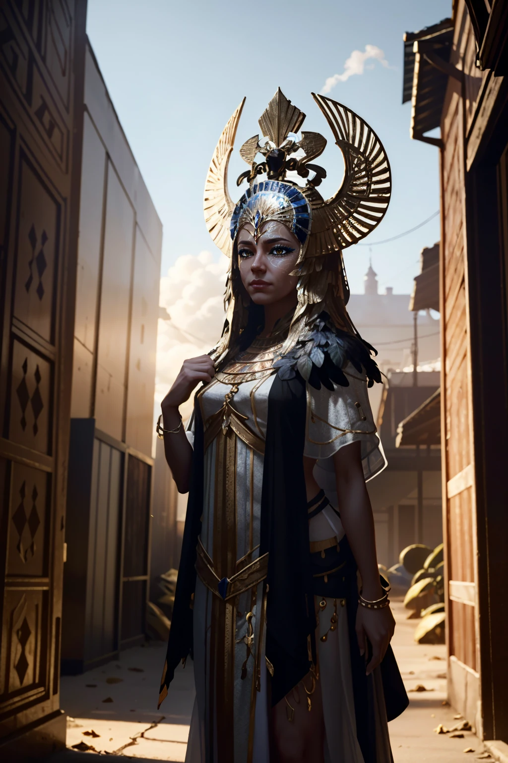 ((ultra detailed, masterpiece, absurdres))
<lora:ACOIsidora:0.8>
ACOIsidora, 1girl, golden eyes, crown, feathers, egyptian clothes, City backstreet with steam vents, dynamic lighting, cinematic and atmospheric